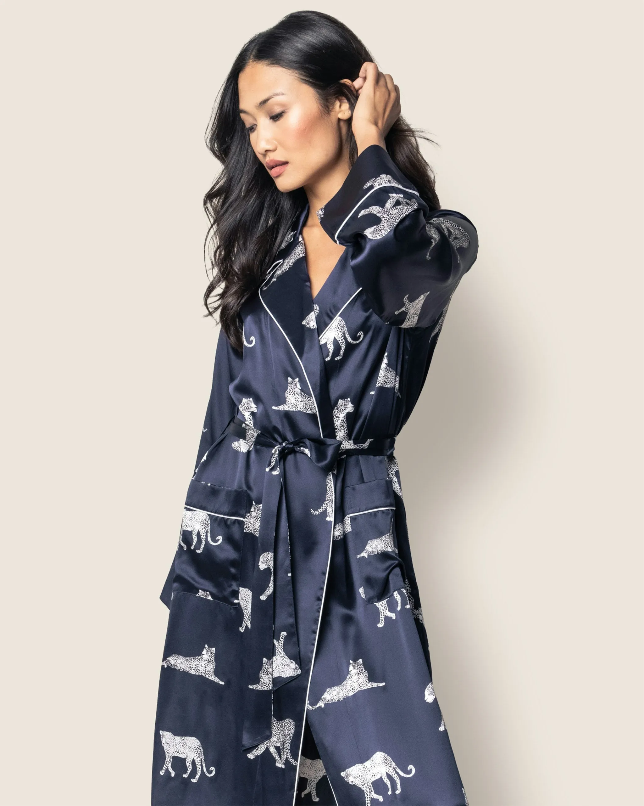 Women's Silk Long Robe in Panthère de Nuit sold by Petite Plume product image thumbnail 3