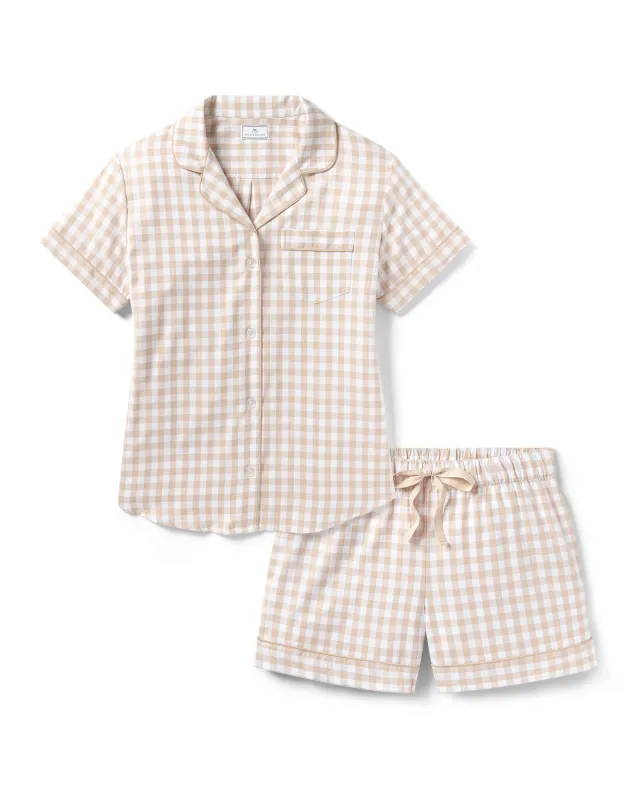 Women's Twill Short Sleeve Short Set in Camel Gingham sold by Petite Plume