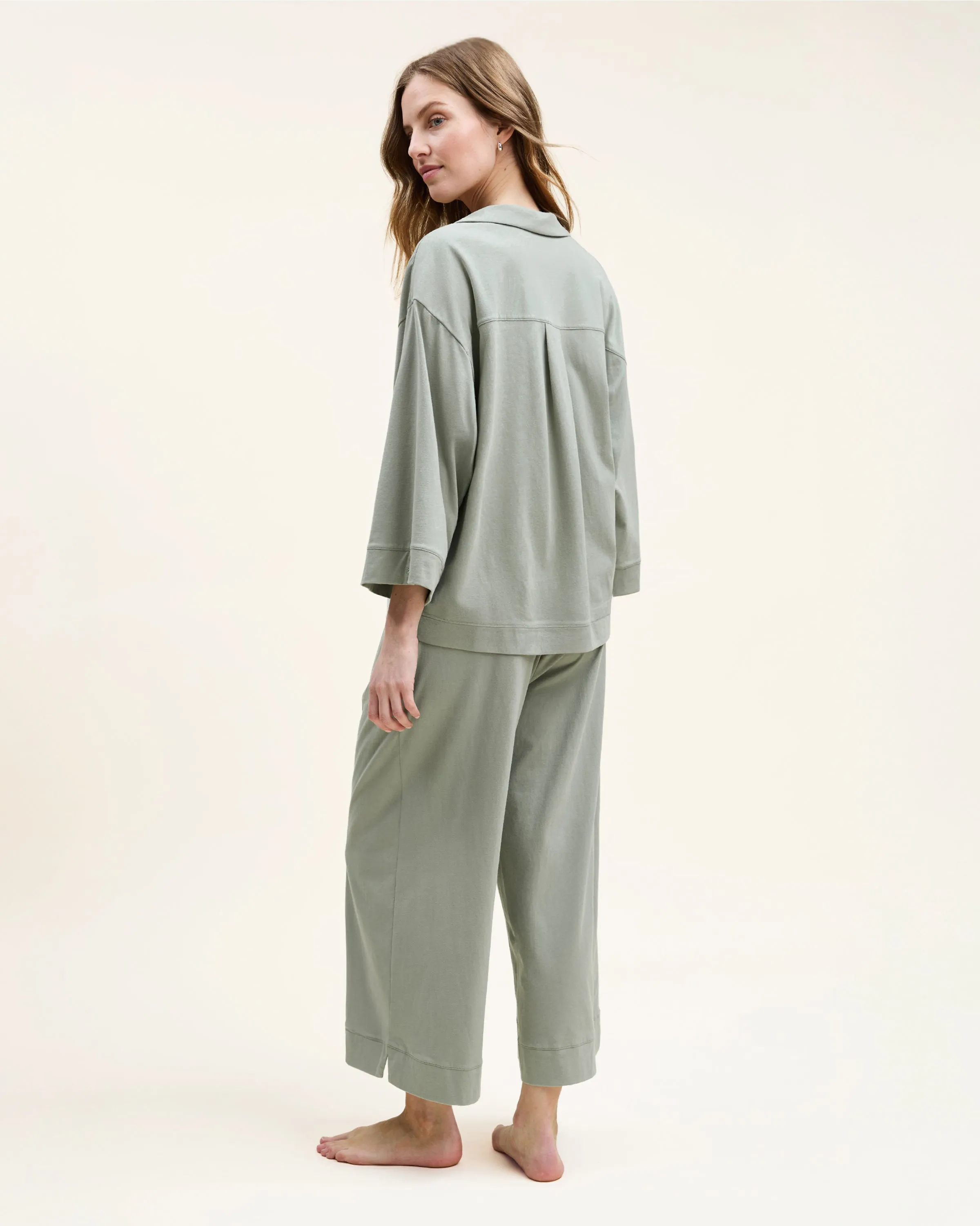 The Olivia Wide Leg Pima Pajama Set in Sage sold by Petite Plume product image thumbnail 4