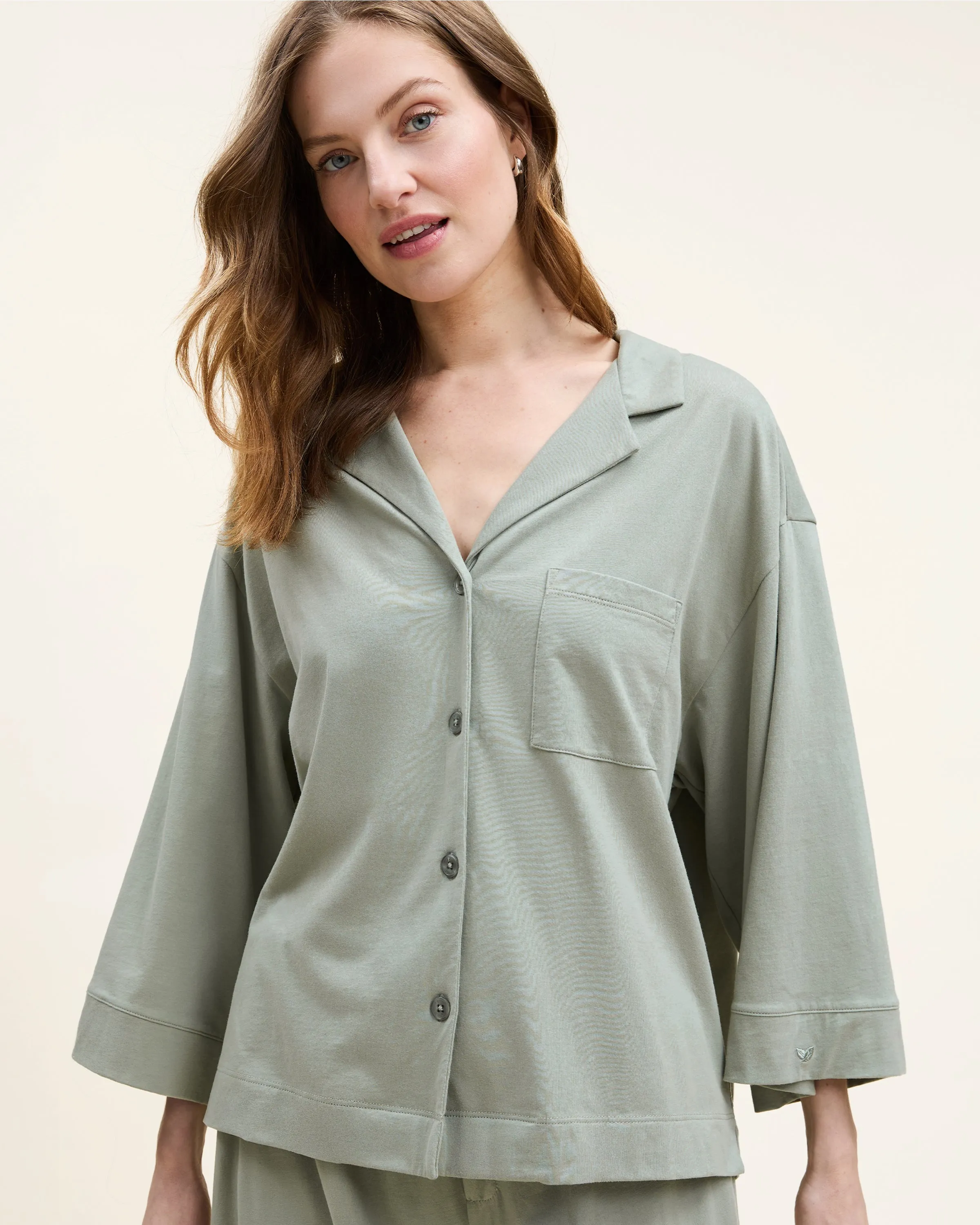 The Olivia Wide Leg Pima Pajama Set in Sage sold by Petite Plume product image thumbnail 5