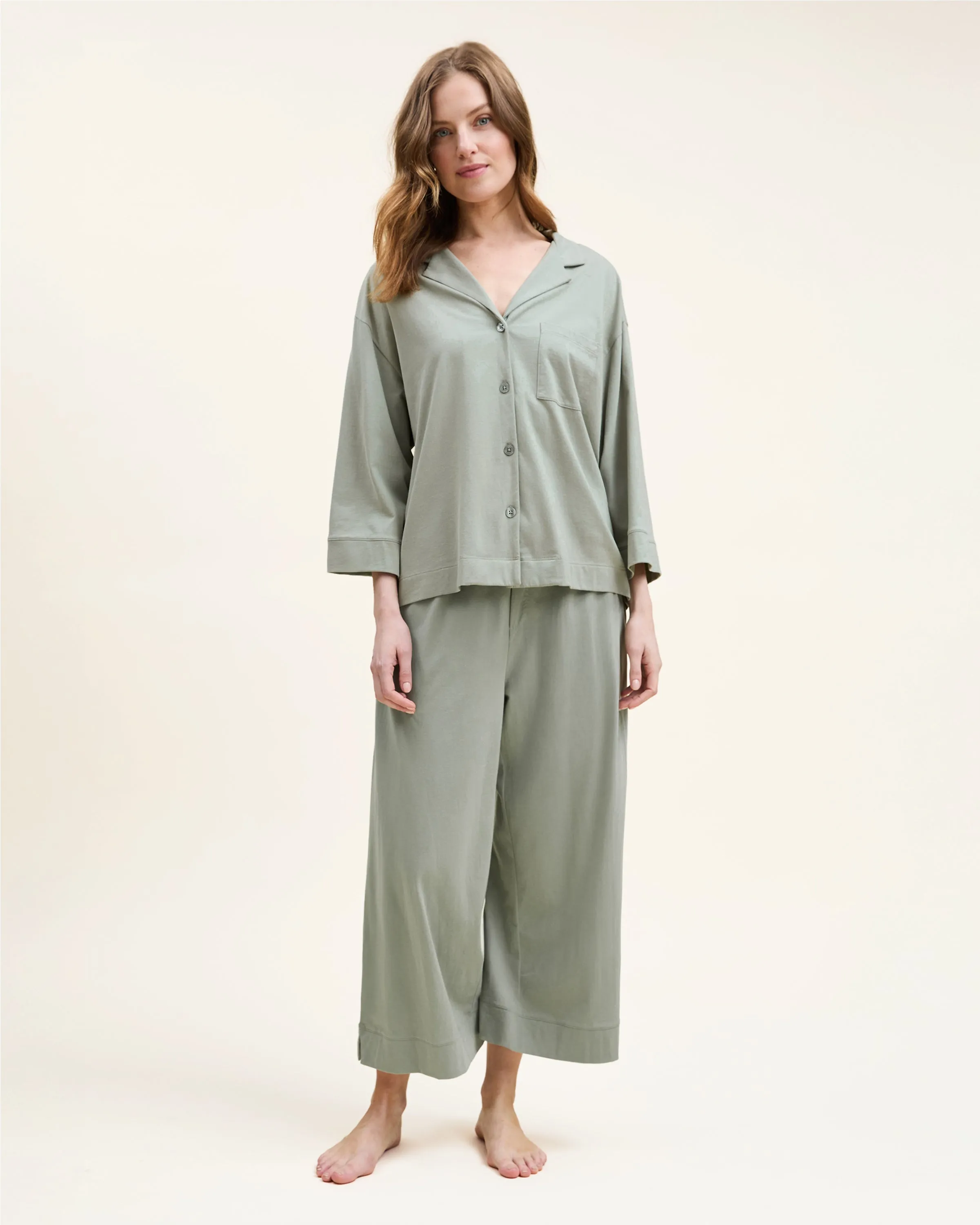 The Olivia Wide Leg Pima Pajama Set in Sage sold by Petite Plume product image thumbnail 2