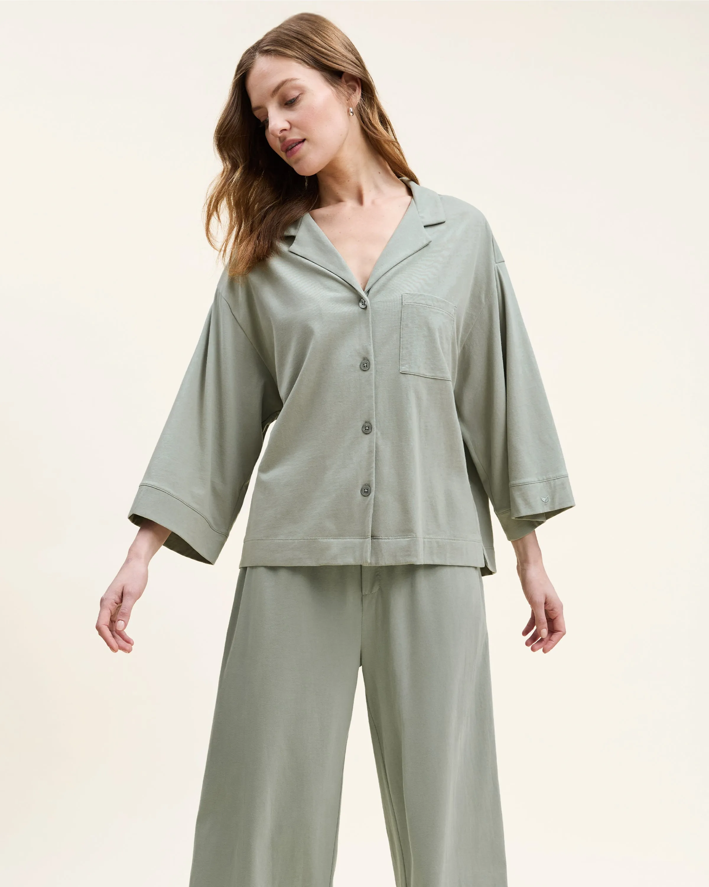 The Olivia Wide Leg Pima Pajama Set in Sage sold by Petite Plume product image thumbnail 3