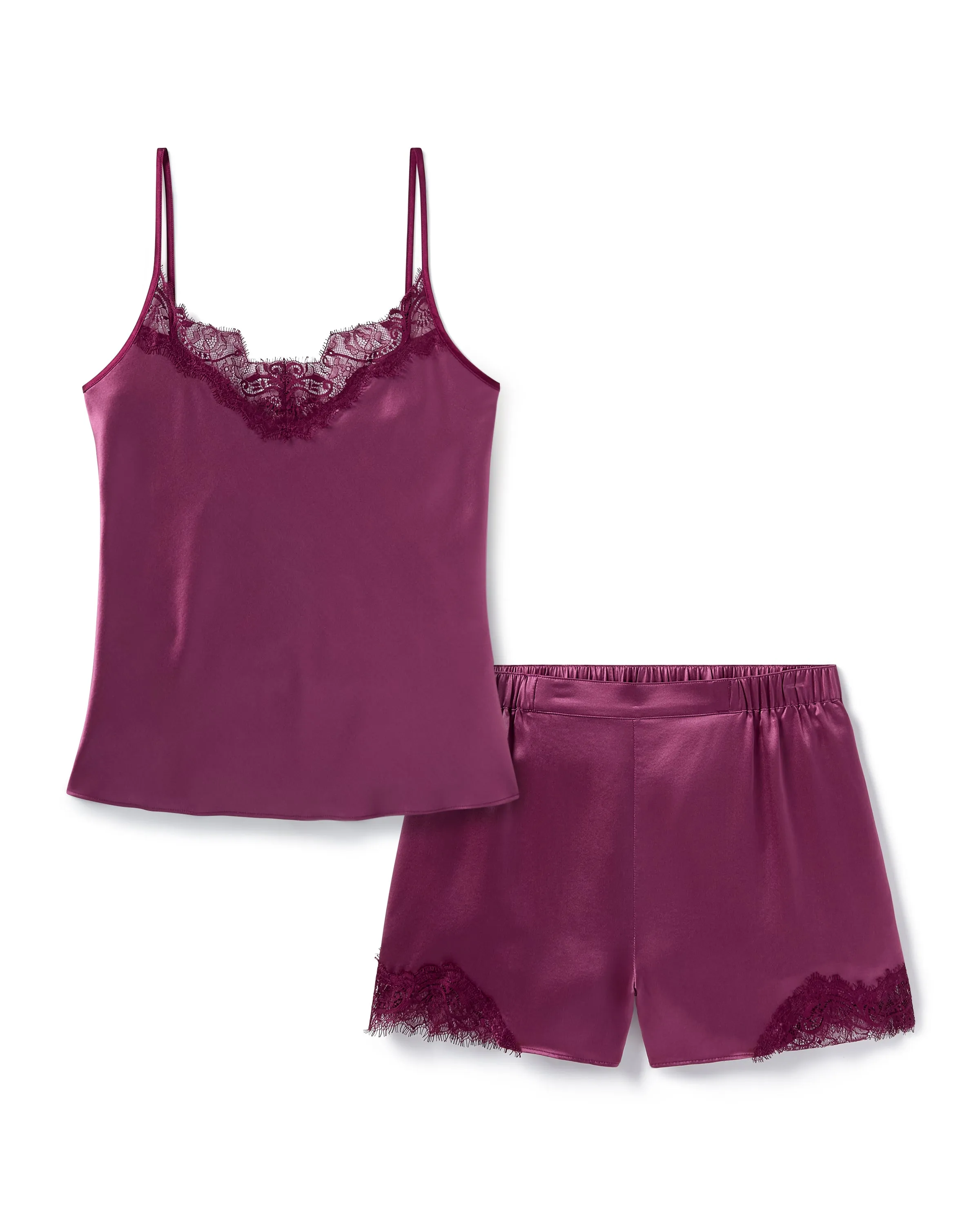 Women's Silk Pajama Set in Rosewood with Merlot Lace sold by Petite Plume