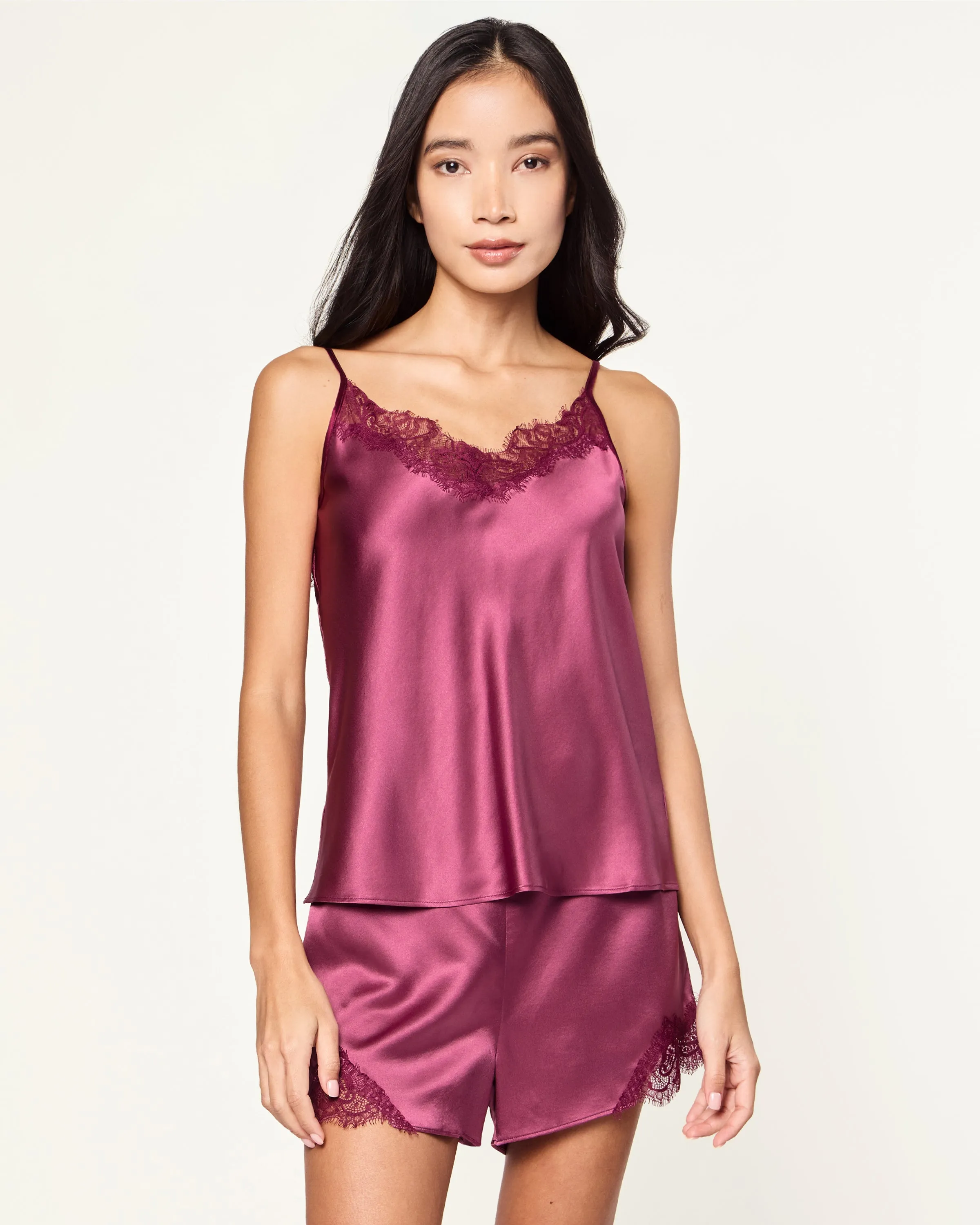 Women's Silk Pajama Set in Rosewood with Merlot Lace sold by Petite Plume product image thumbnail 3
