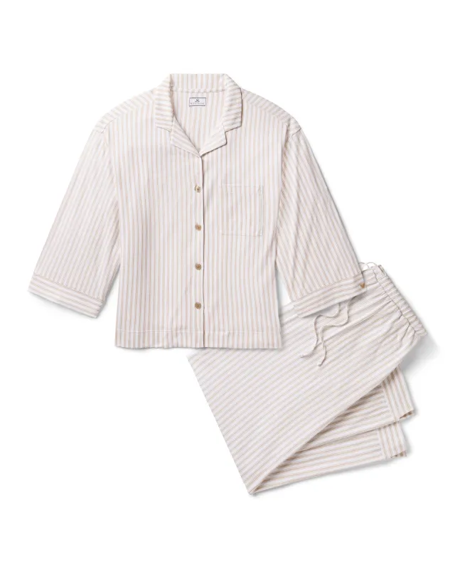 The Olivia Wide Leg Pima Pajama Set in Camel Ticking sold by Petite Plume