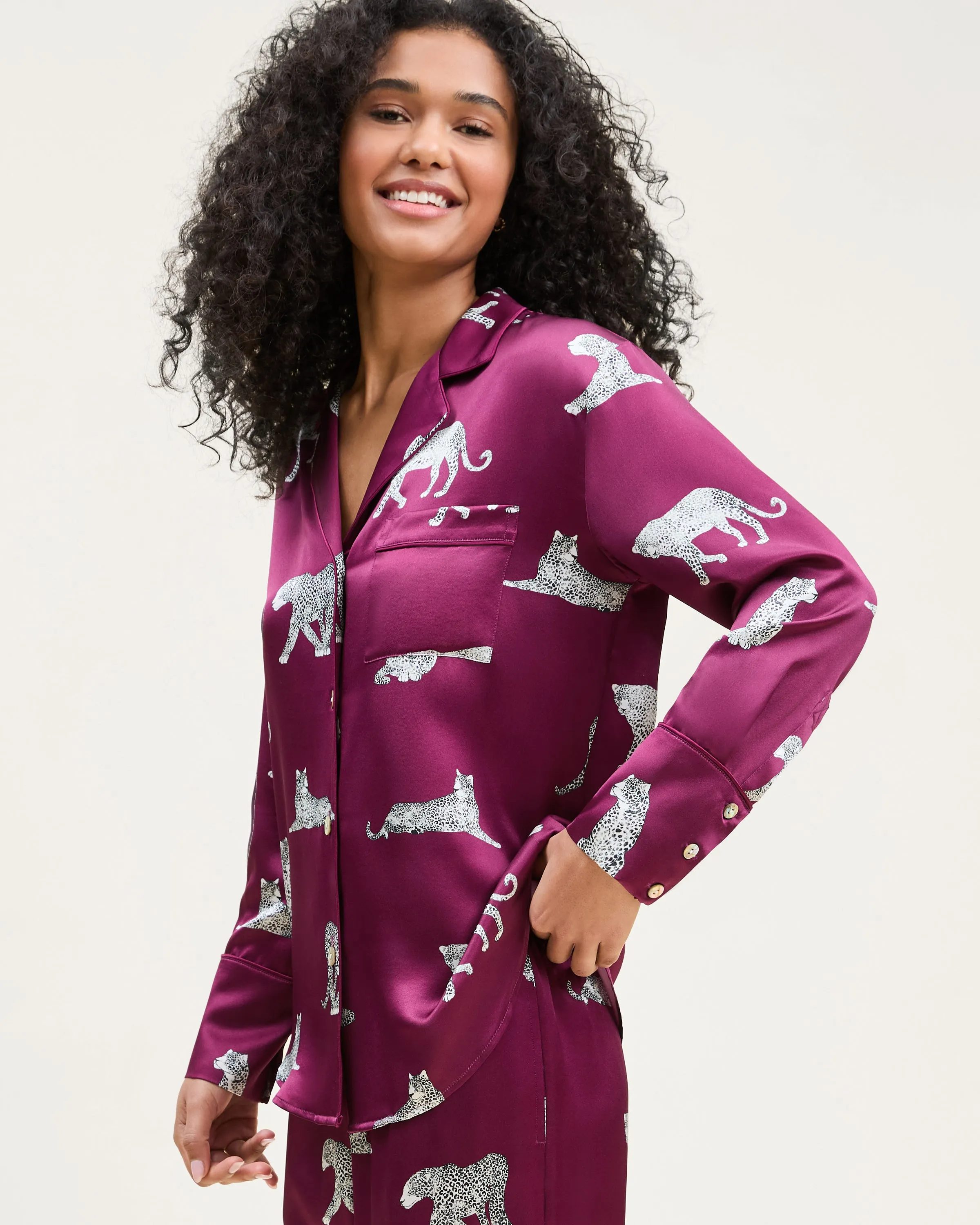 Women's Silk Pajama Set in Merlot Panthère sold by Petite Plume product image thumbnail 3