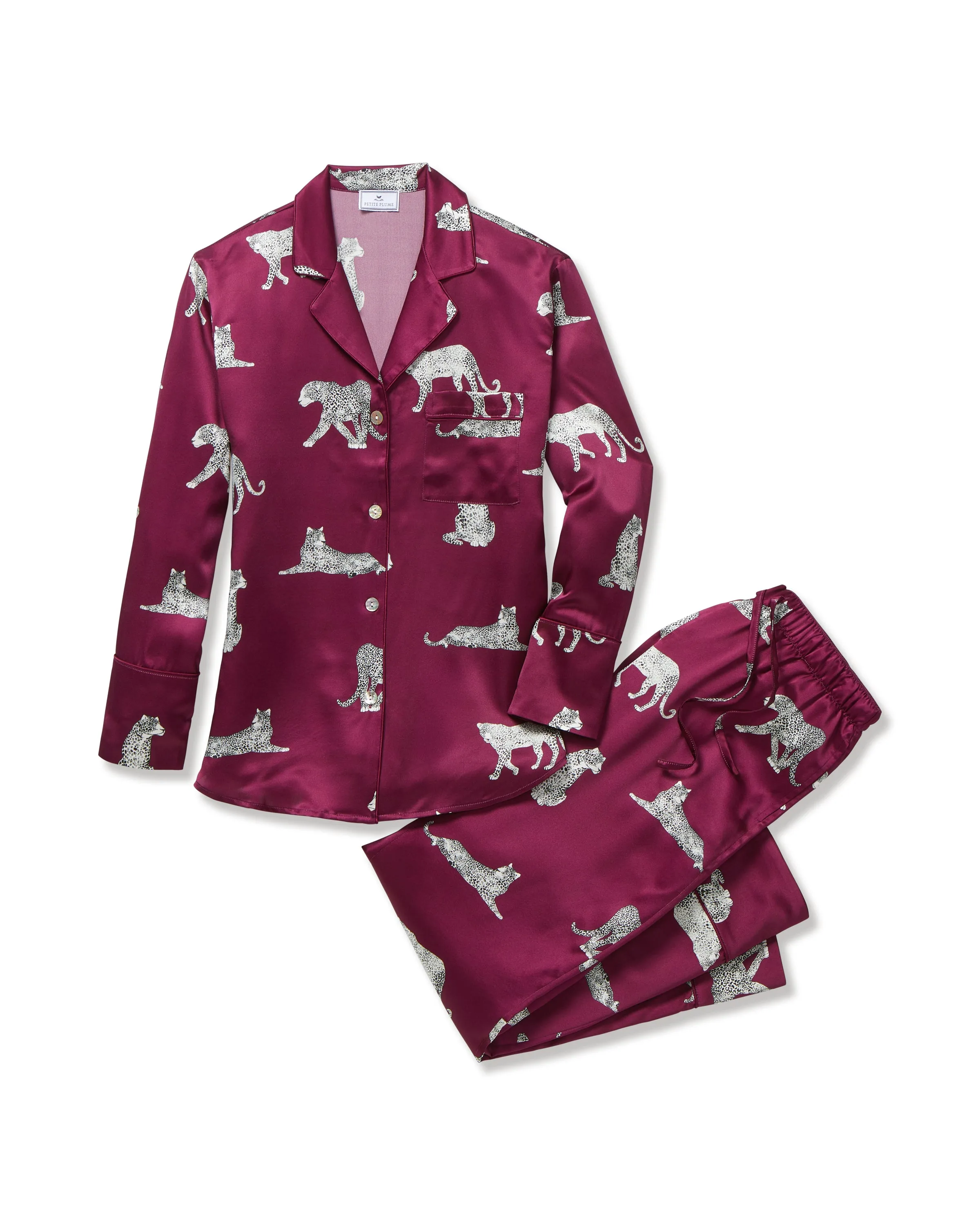 Women's Silk Pajama Set in Merlot Panthère sold by Petite Plume
