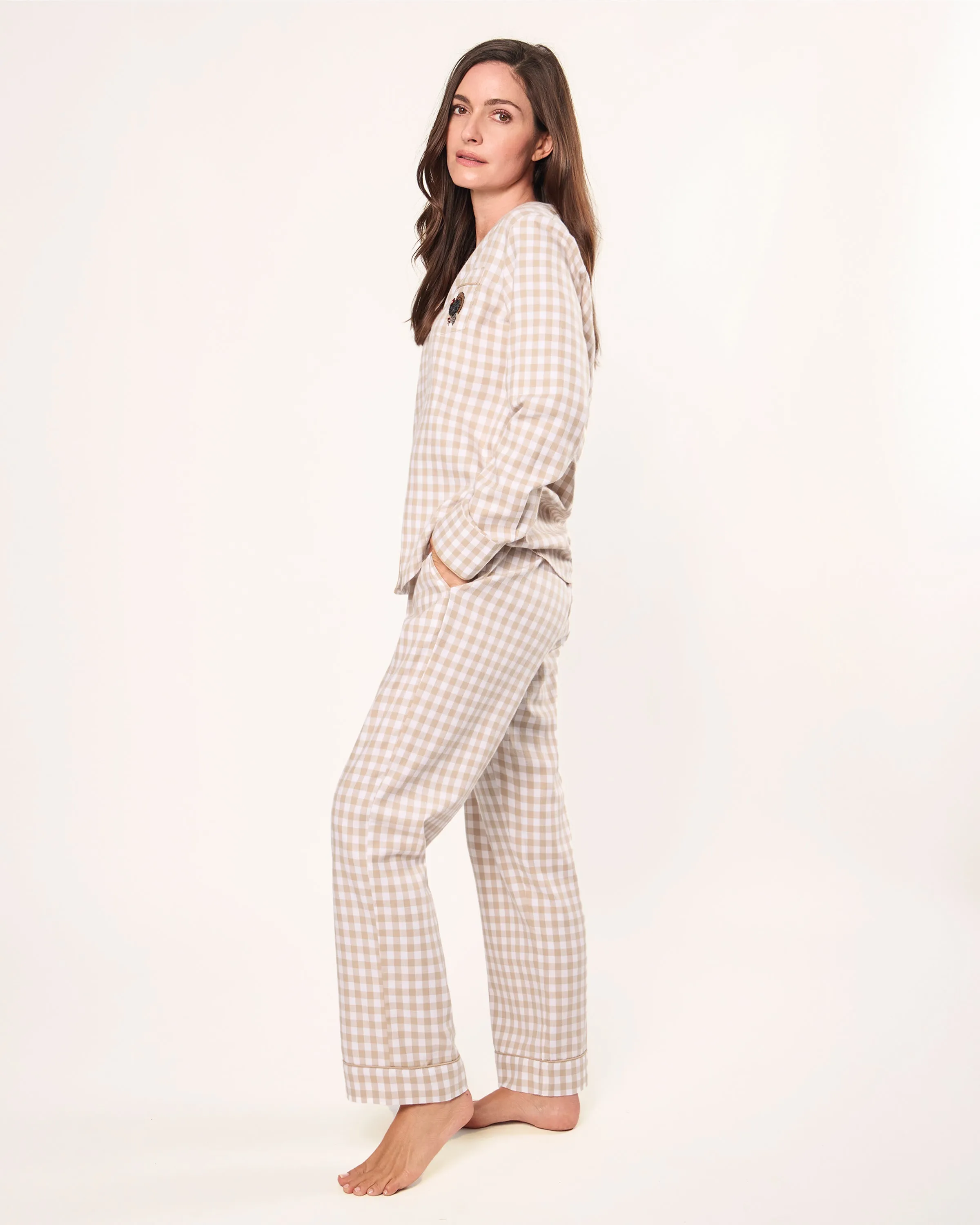 Women's Twill Pajama Set in Camel Gingham with Turkey Embroidery sold by Petite Plume product image thumbnail 4
