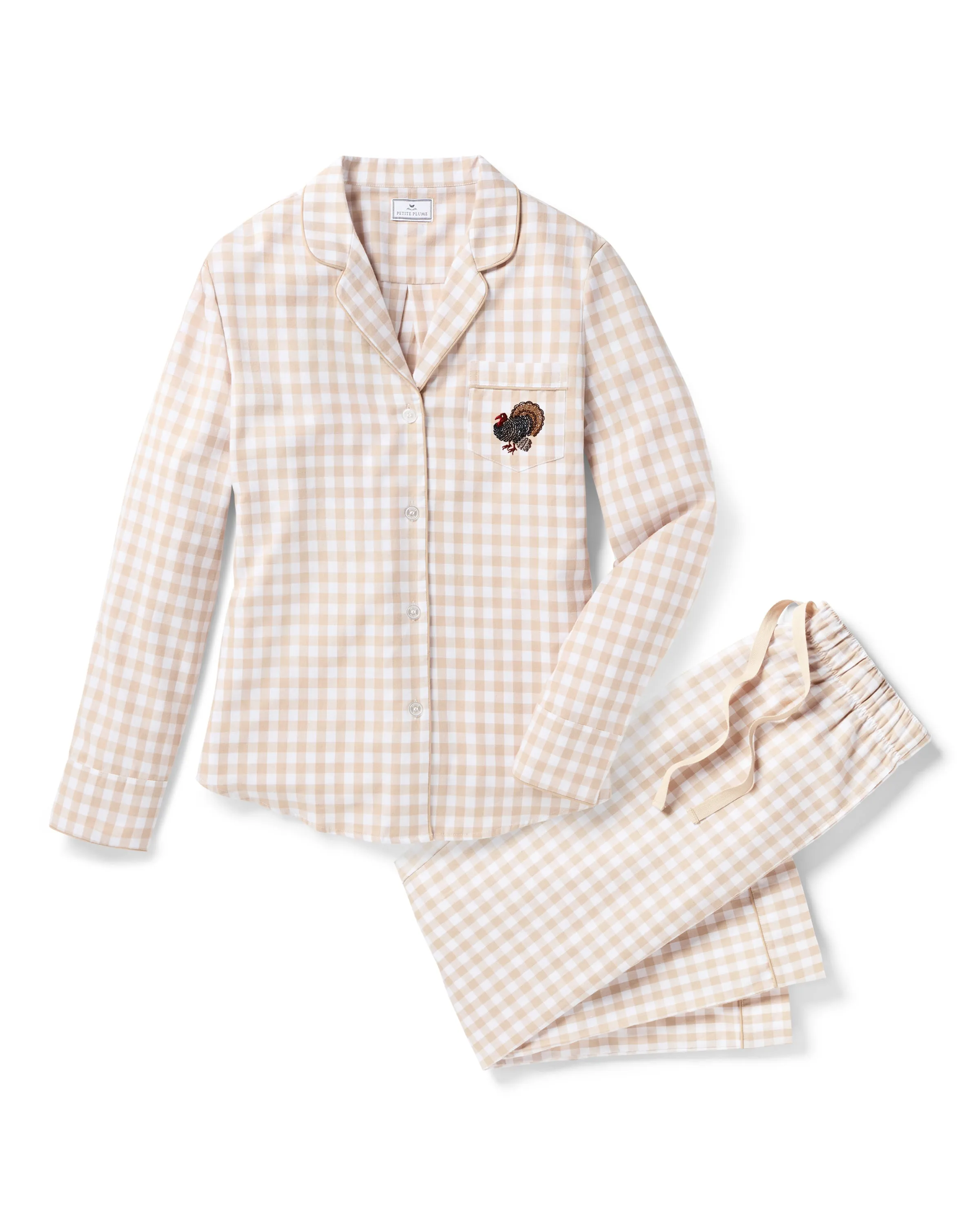 Women's Twill Pajama Set in Camel Gingham with Turkey Embroidery sold by Petite Plume