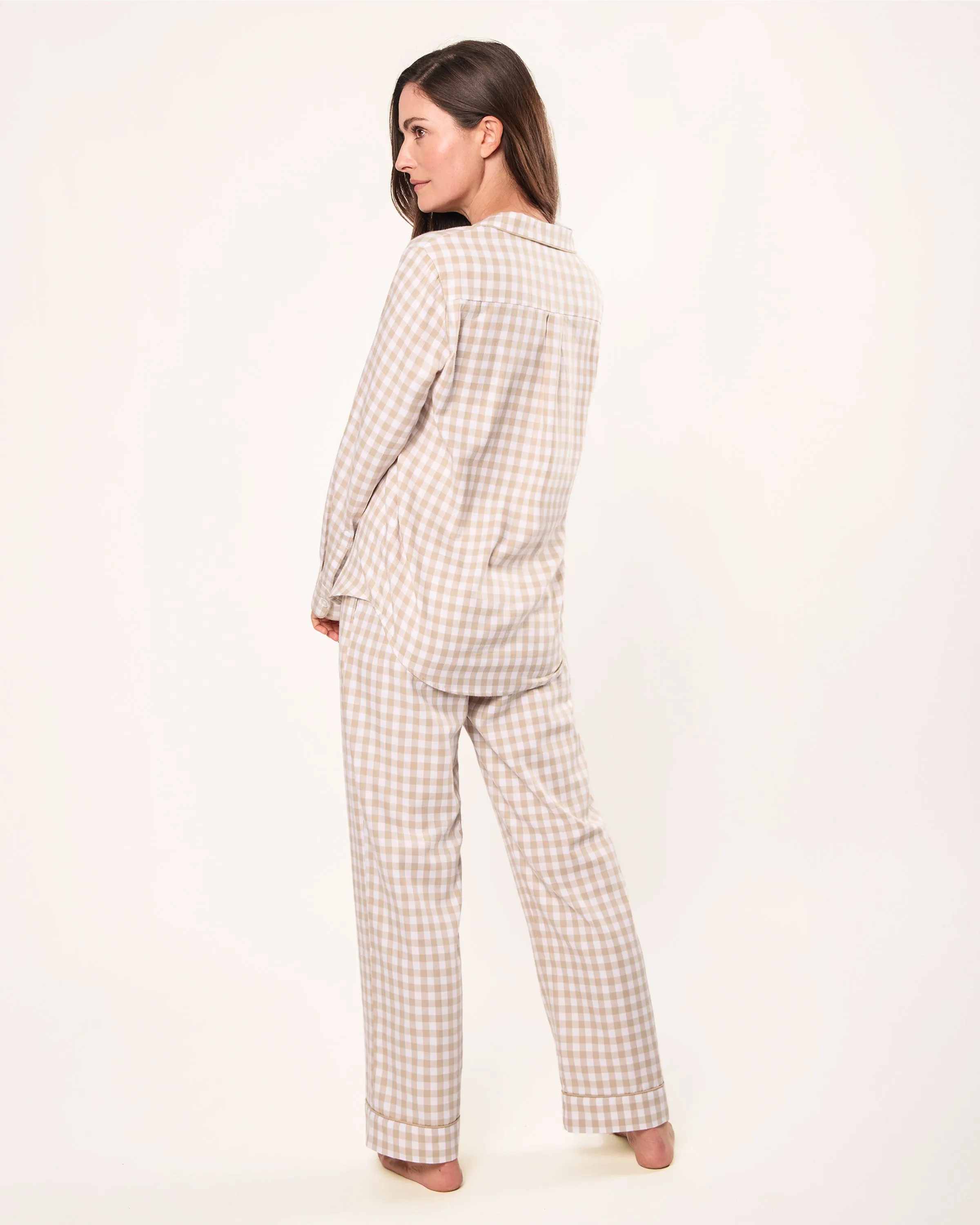 Women's Twill Pajama Set in Camel Gingham with Turkey Embroidery sold by Petite Plume product image thumbnail 5