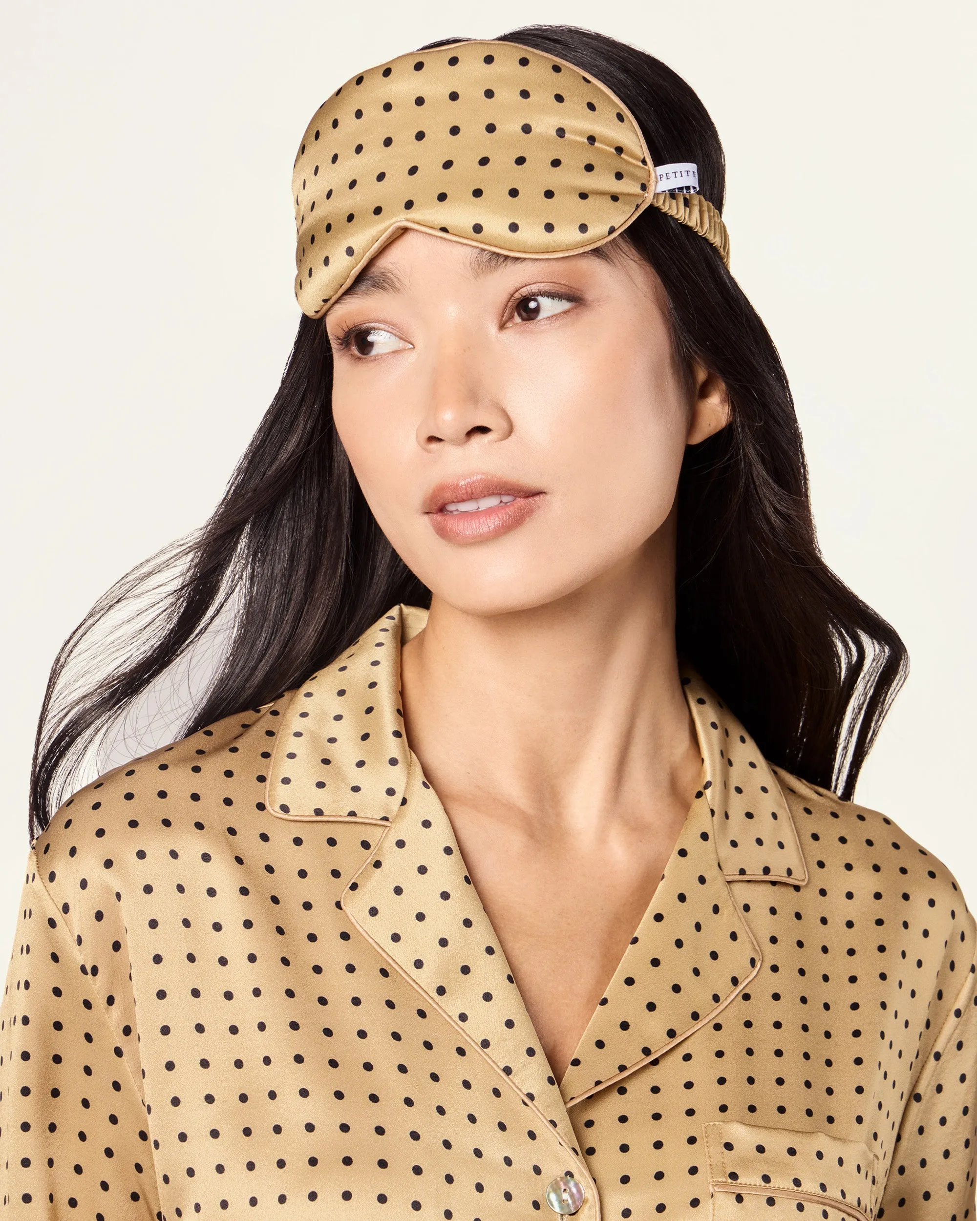 Adult's Silk Sleep Mask in Gold with Black Polka Dots sold by Petite Plume product image thumbnail 2