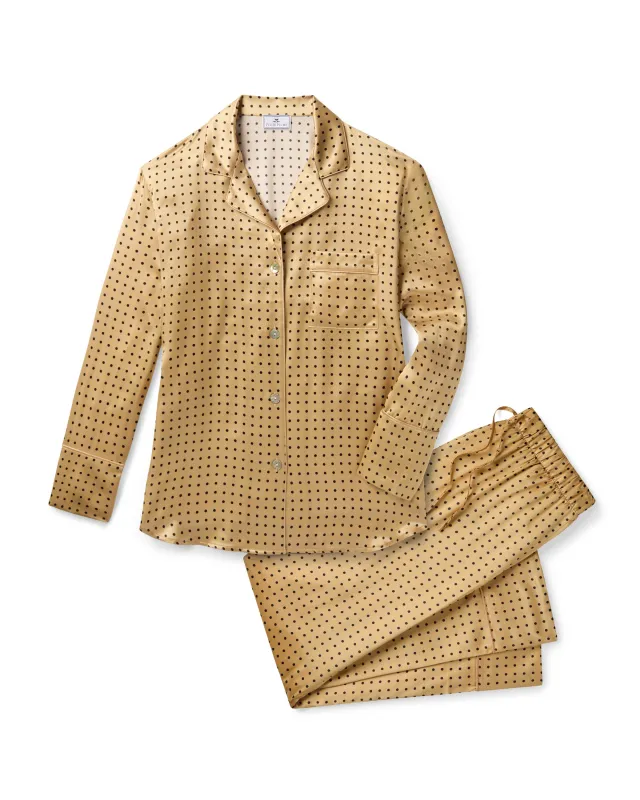 Women's Silk Pajama Set in Gold with Black Polka Dots sold by Petite Plume