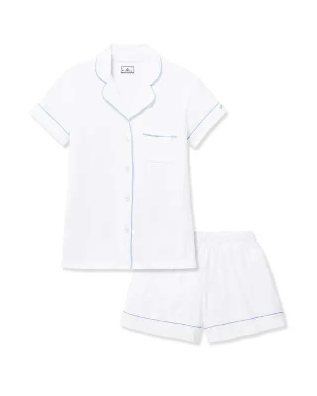 Women's Pima Short Sleeve Short Set in White with Periwinkle Piping sold by Petite Plume