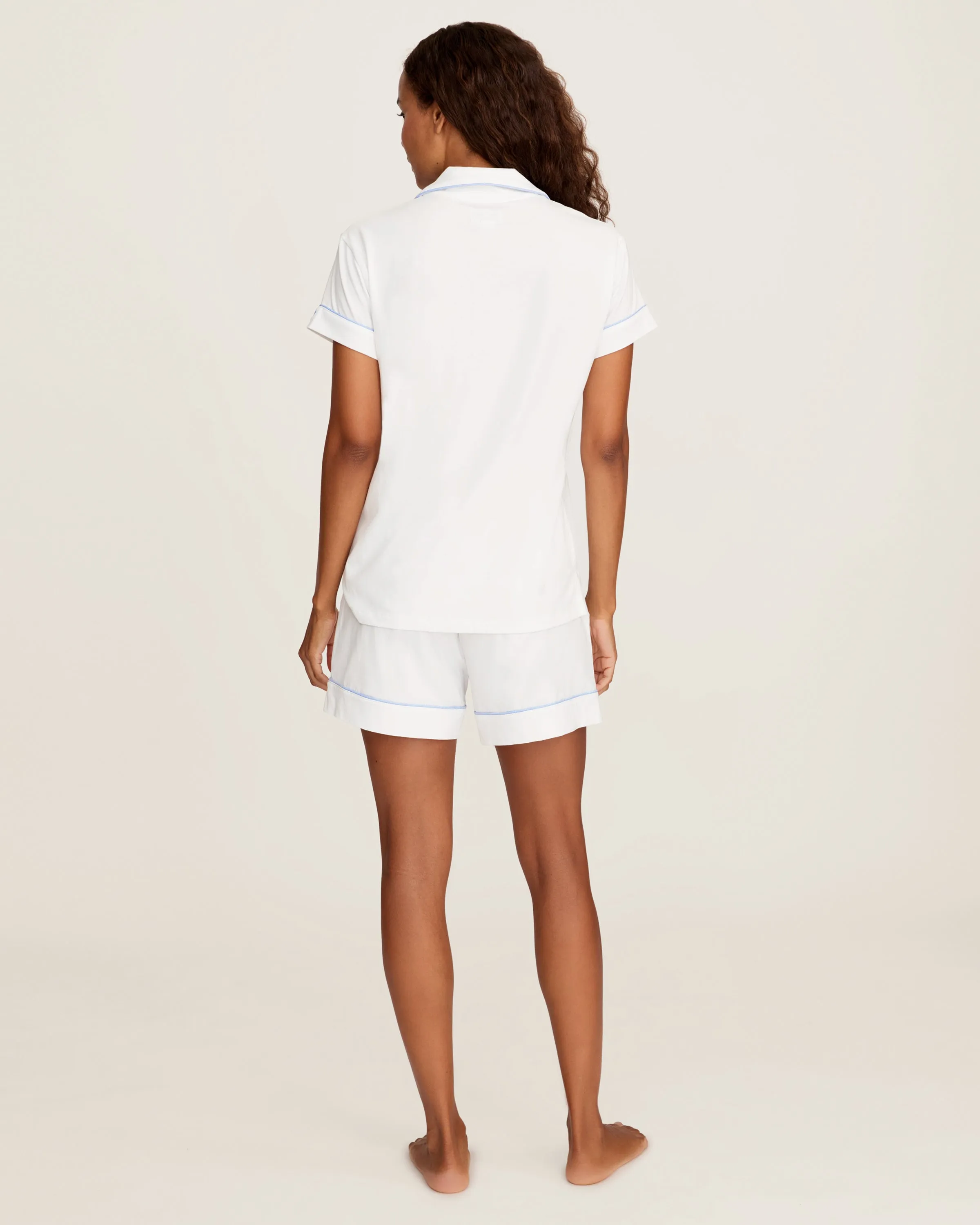 Women's Pima Short Sleeve Short Set in White with Periwinkle Piping sold by Petite Plume product image thumbnail 5