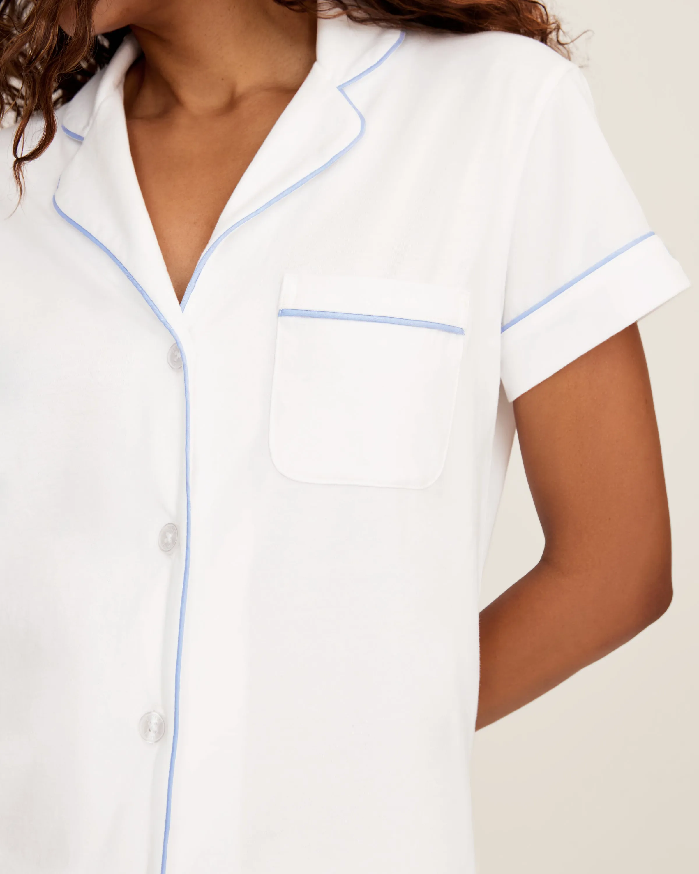Women's Pima Short Sleeve Short Set in White with Periwinkle Piping sold by Petite Plume product image thumbnail 3