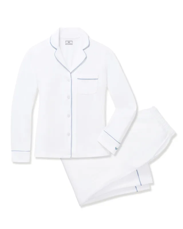Women's Pima Pajama Set in White with Periwinkle Piping made by Petite Plume