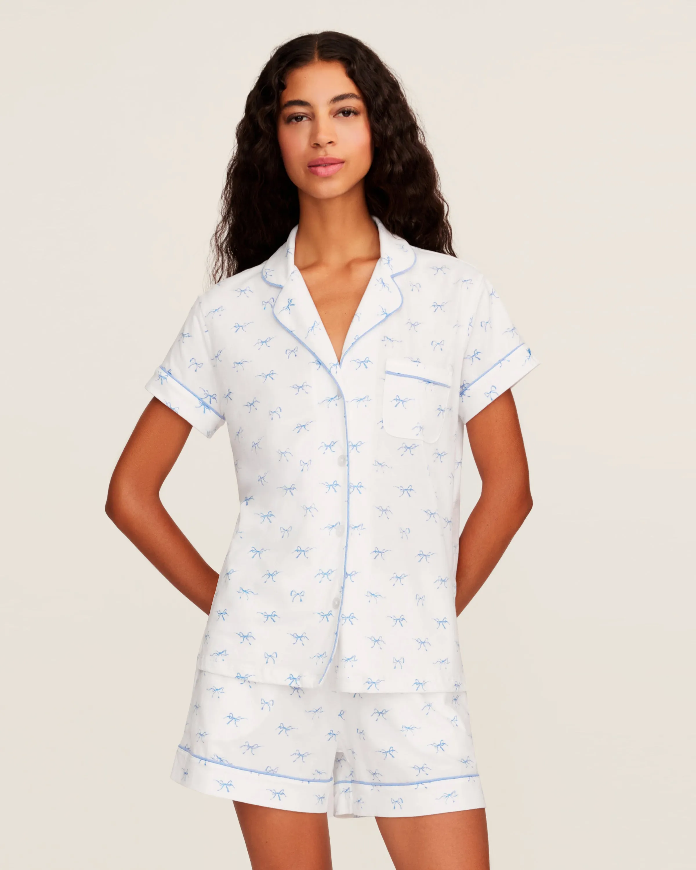 Women's Pima Short Sleeve Short Set in Something Blue Bows sold by Petite Plume product image thumbnail 5