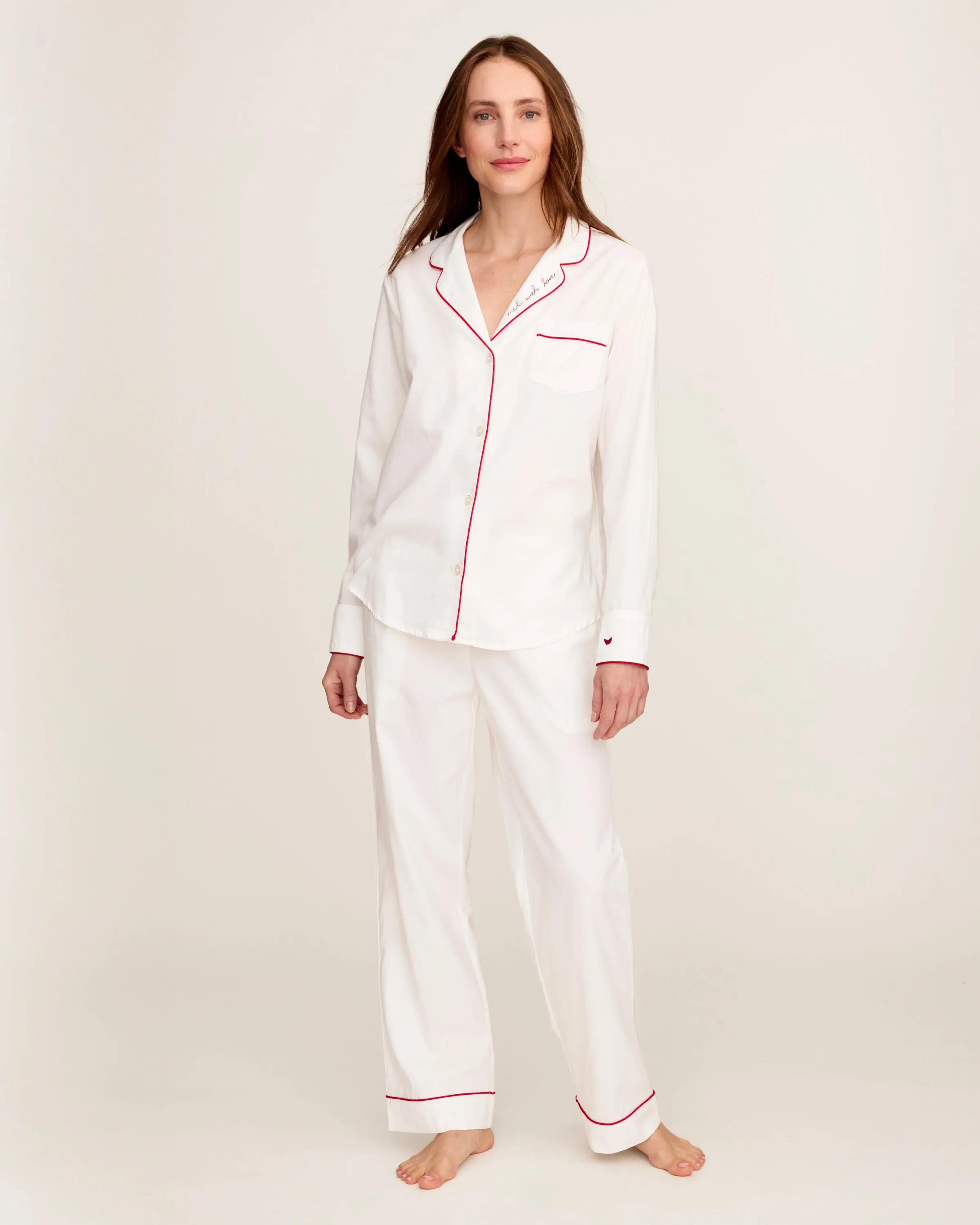 Women's Twill Pajama Set in White with 'Made with Love' Embroidery sold by Petite Plume product image thumbnail 3