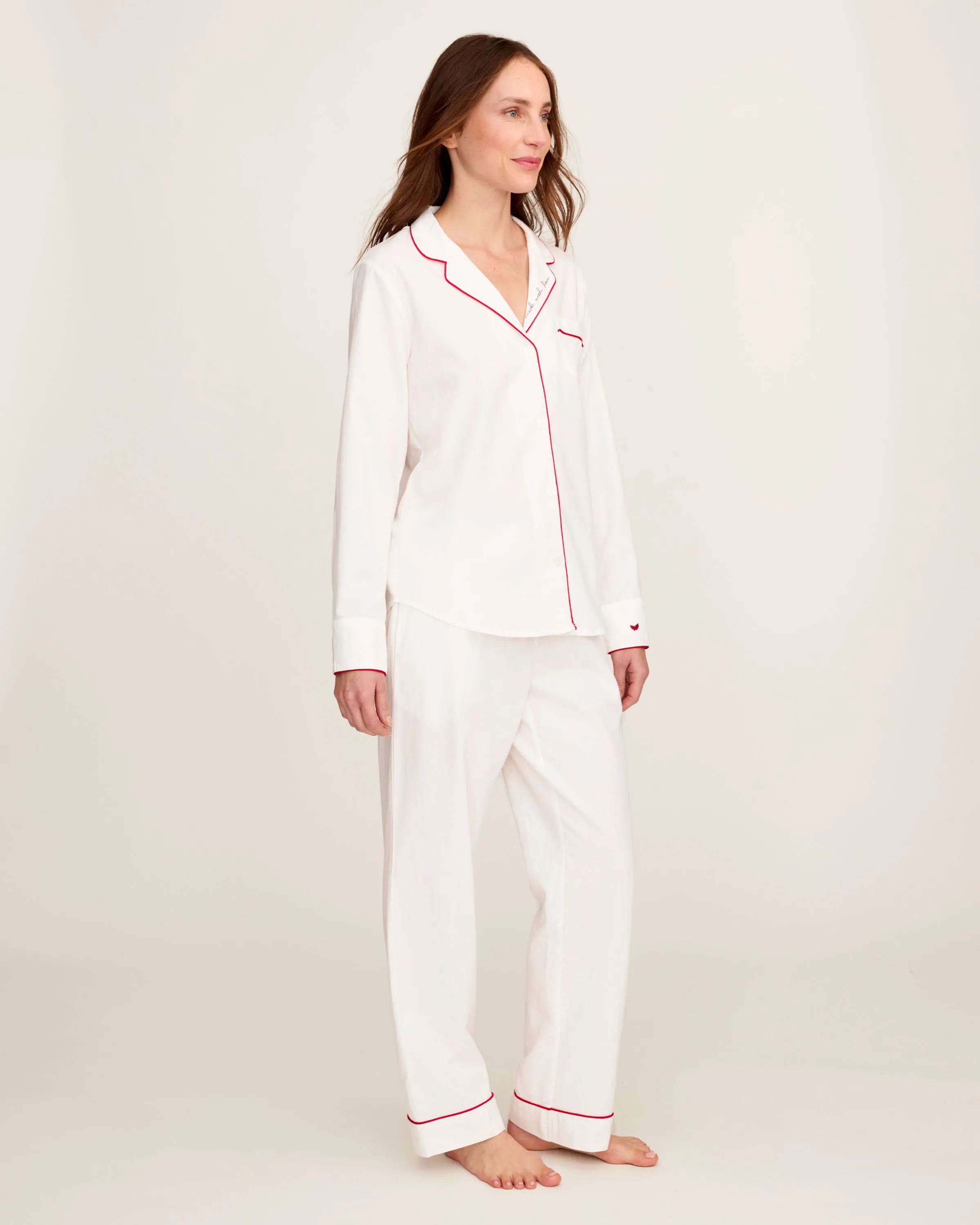Women's Twill Pajama Set in White with 'Made with Love' Embroidery sold by Petite Plume product image thumbnail 4