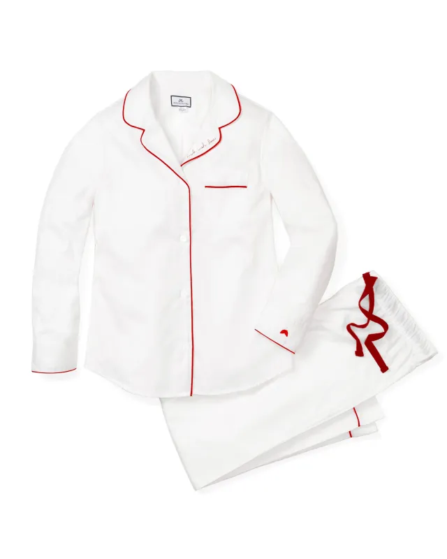 Women's Twill Pajama Set in White with 'Made with Love' Embroidery sold by Petite Plume