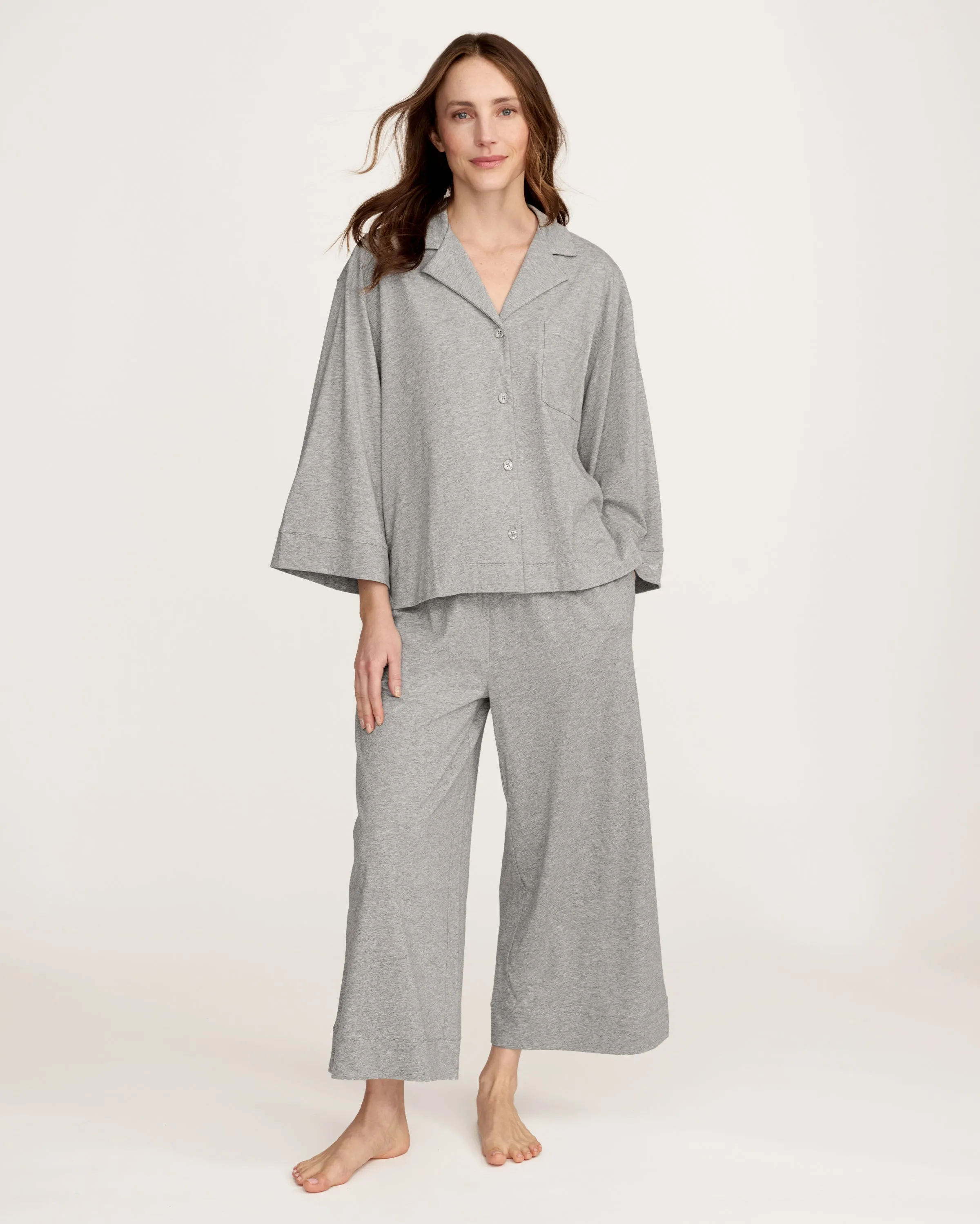 The Olivia Wide Leg Lightweight Pima Pajama Set in Heather Grey sold by Petite Plume product image thumbnail 2