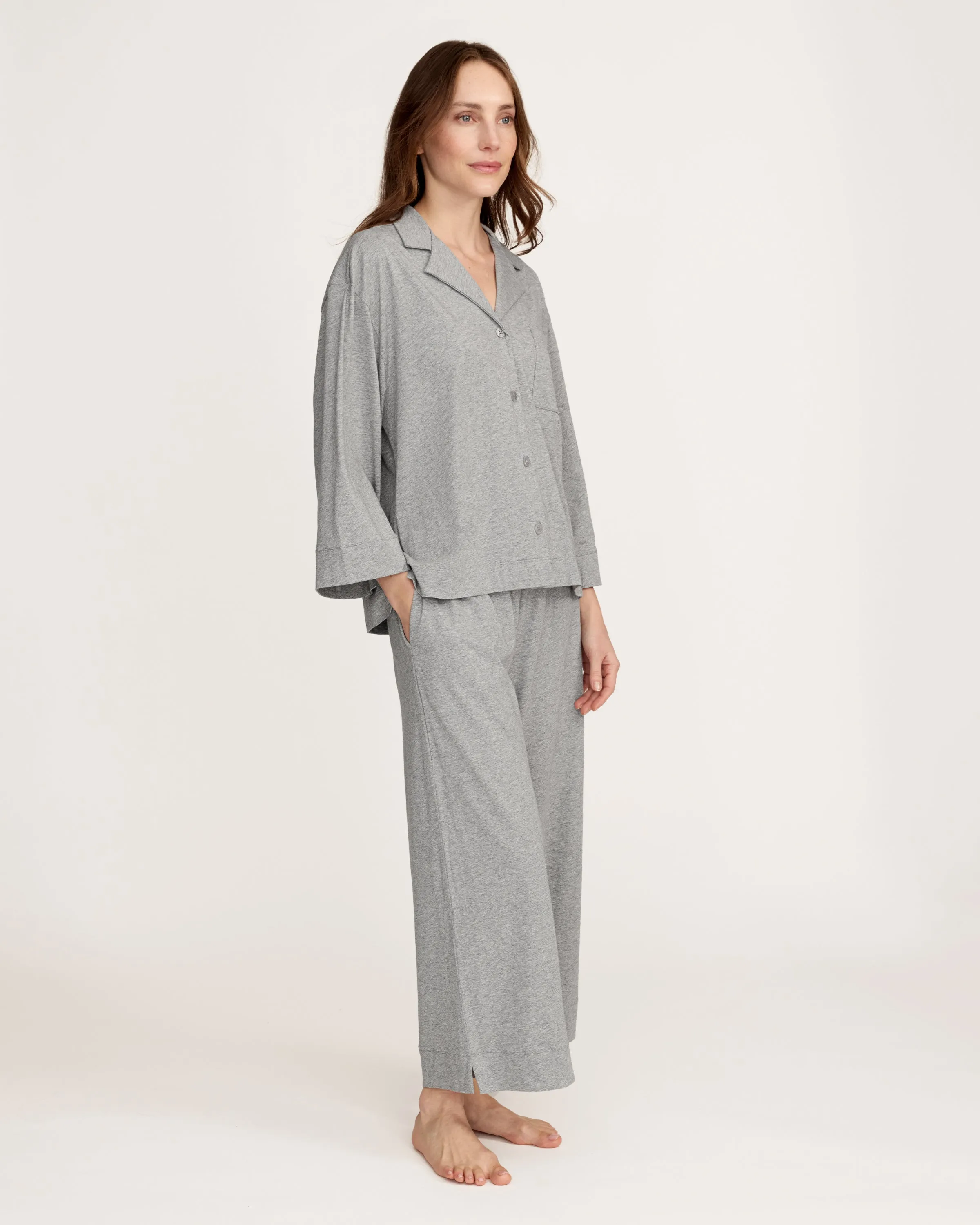 The Olivia Wide Leg Lightweight Pima Pajama Set in Heather Grey sold by Petite Plume product image thumbnail 4