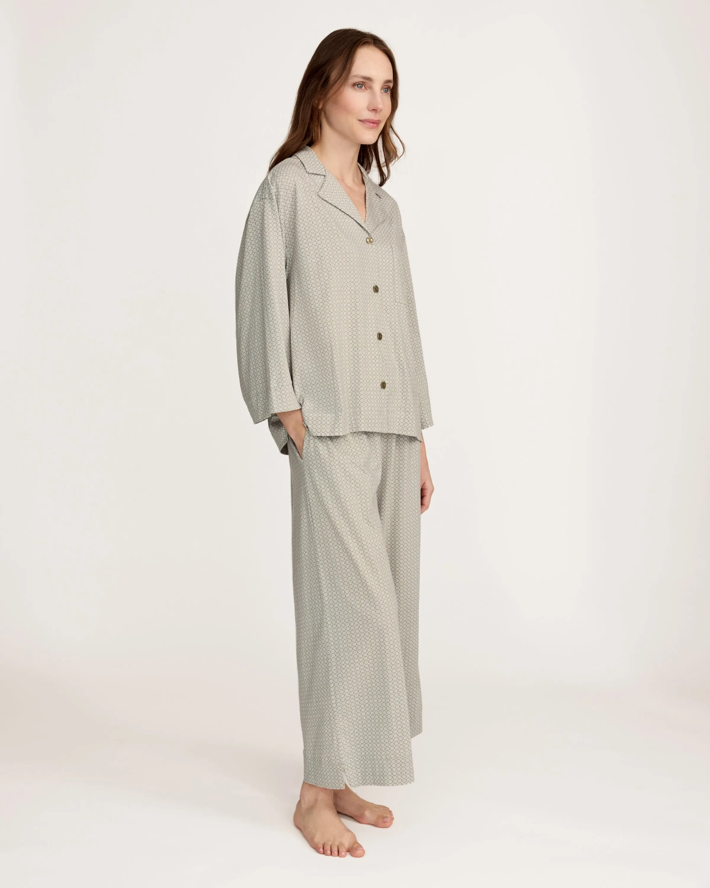 The Olivia Wide Leg Lightweight Pima Pajama Set in Sage Geo sold by Petite Plume product image thumbnail 4