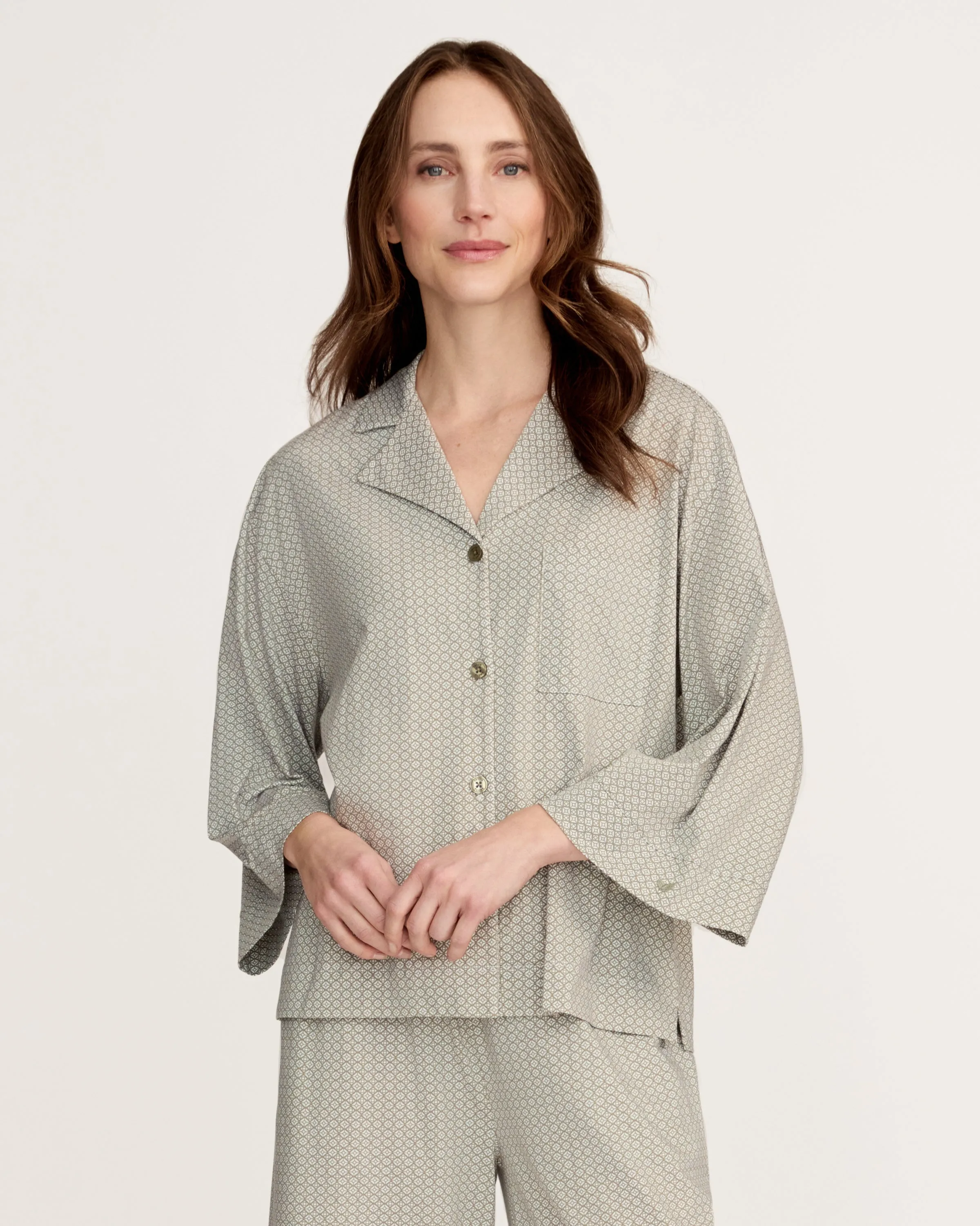 The Olivia Wide Leg Lightweight Pima Pajama Set in Sage Geo sold by Petite Plume product image thumbnail 5