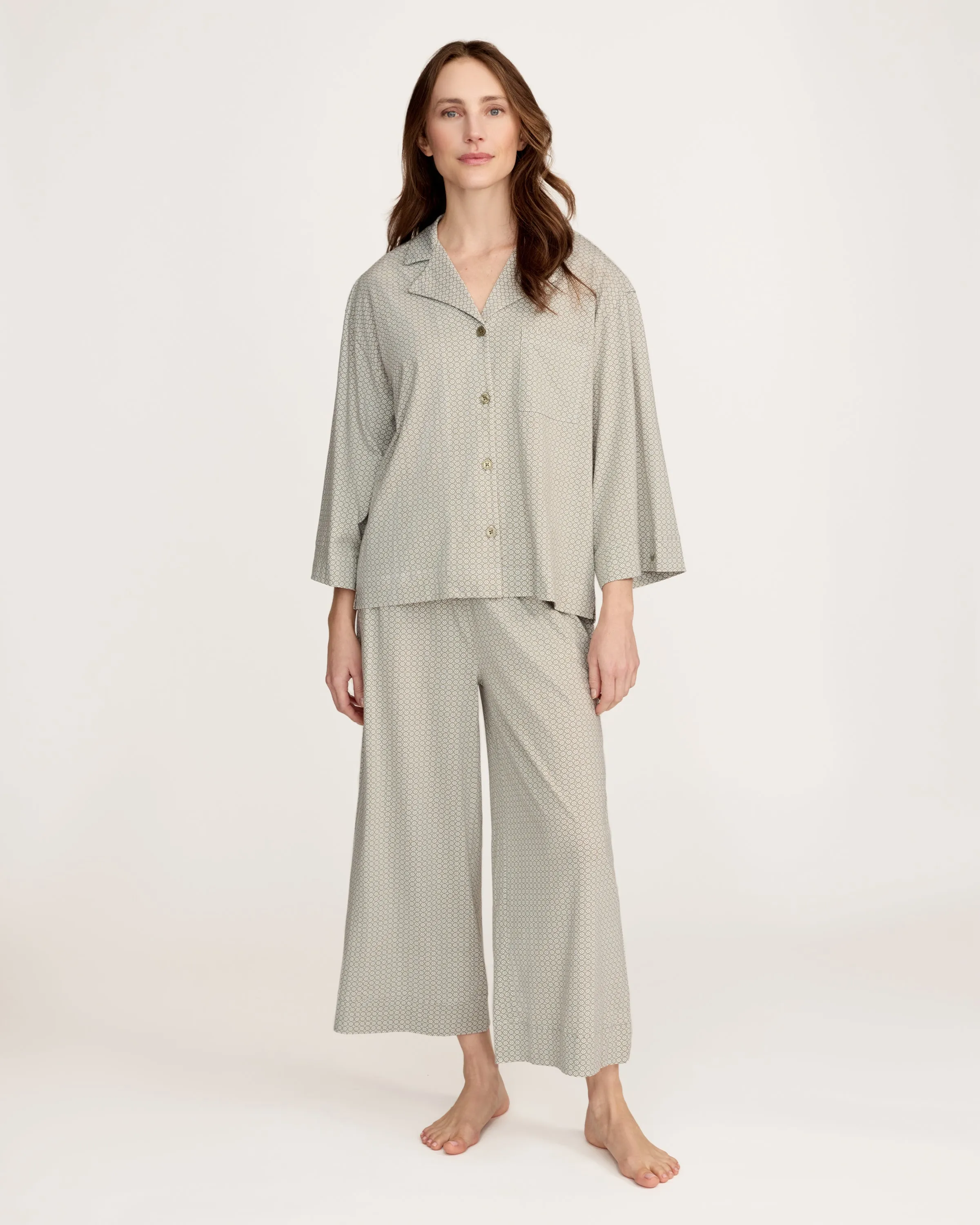 The Olivia Wide Leg Lightweight Pima Pajama Set in Sage Geo sold by Petite Plume product image thumbnail 2