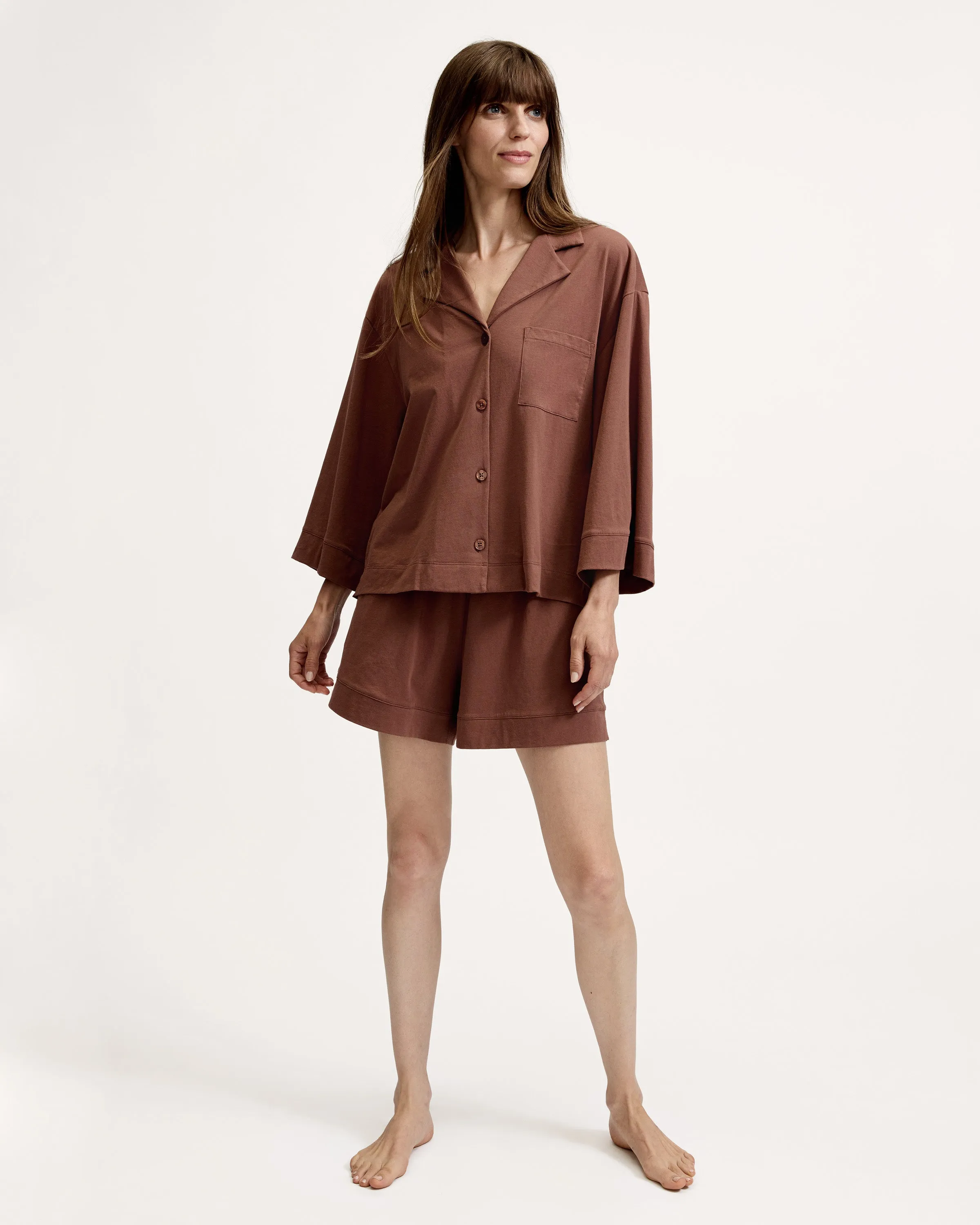 The Olivia Lightweight Pima Short Set in Chocolate Brown sold by Petite Plume product image thumbnail 2