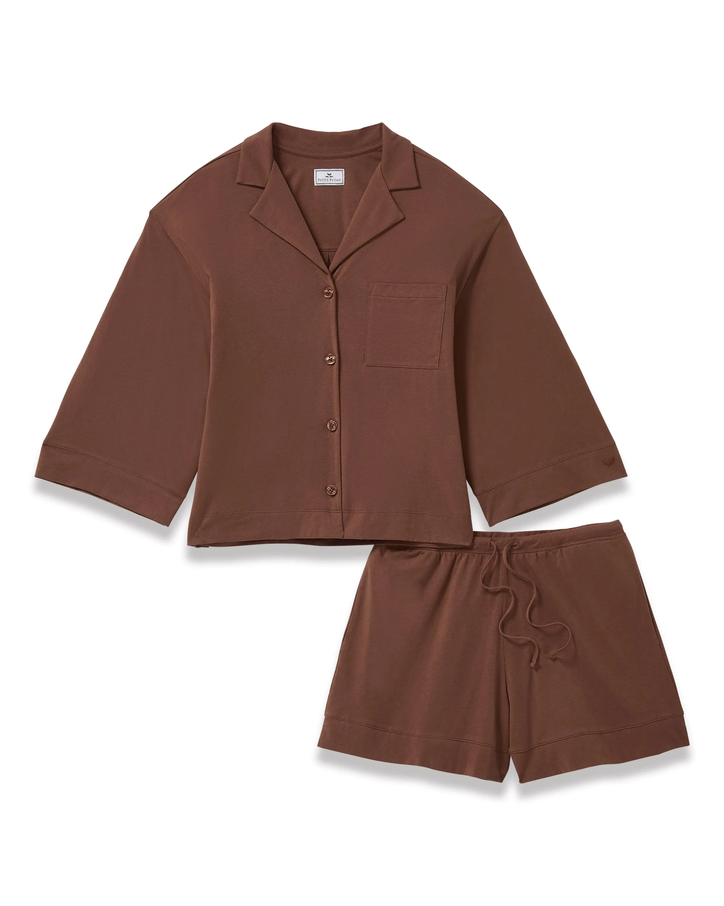The Olivia Lightweight Pima Short Set in Chocolate Brown sold by Petite Plume