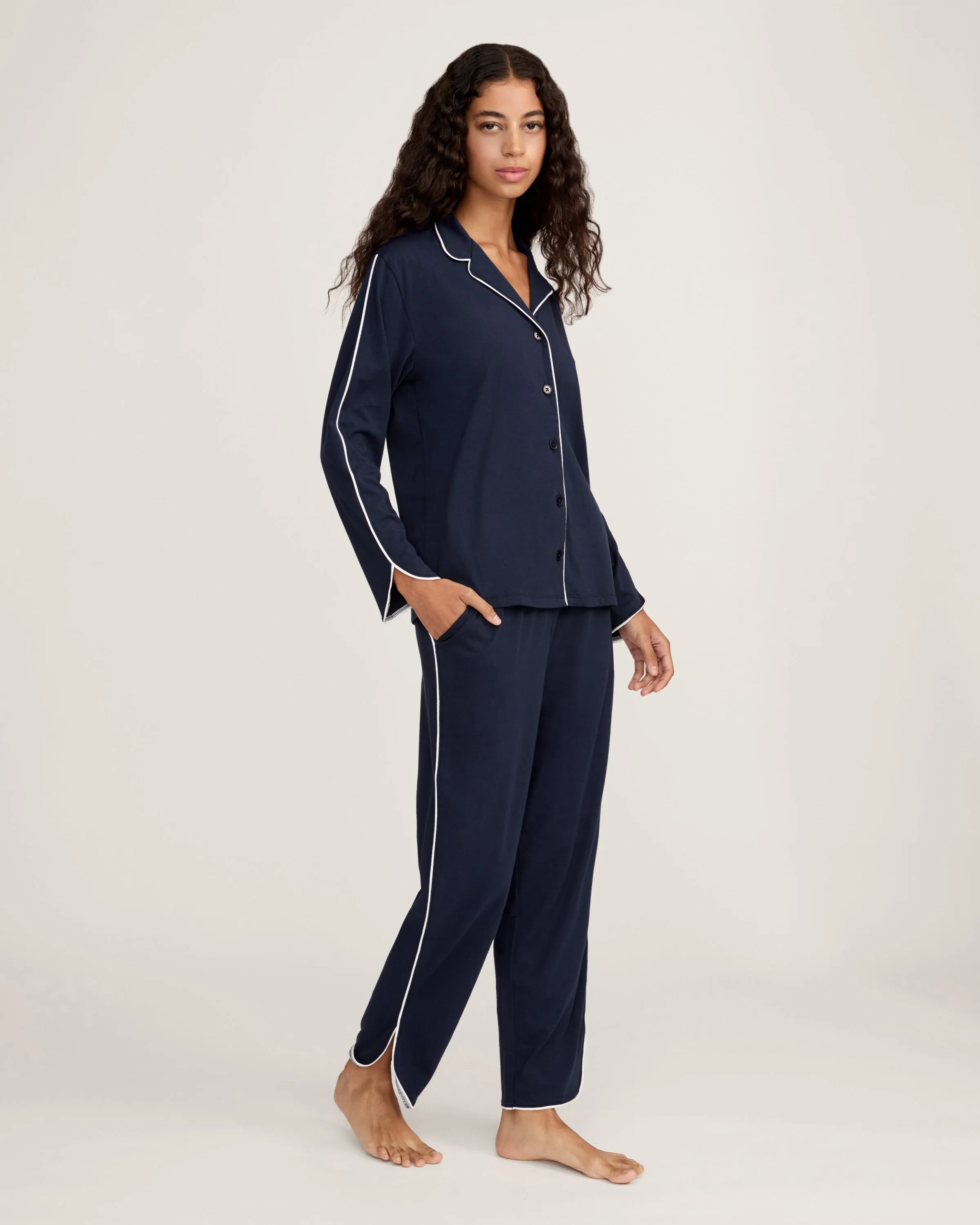 The Margaux Pima Pajama Set in Navy sold by Petite Plume