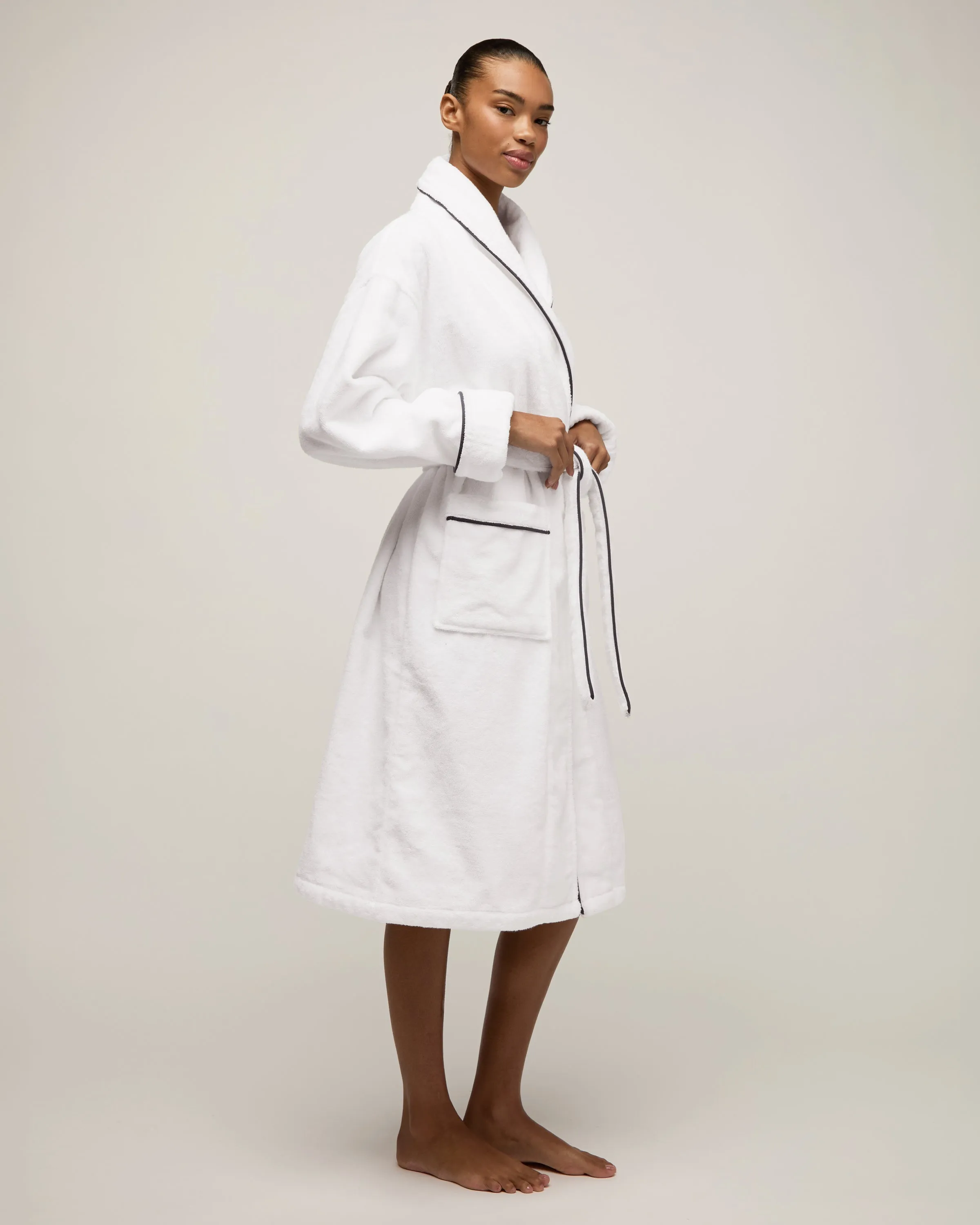 Unisex Luxe Terry Robe in White with Navy Piping sold by Petite Plume product image thumbnail 4