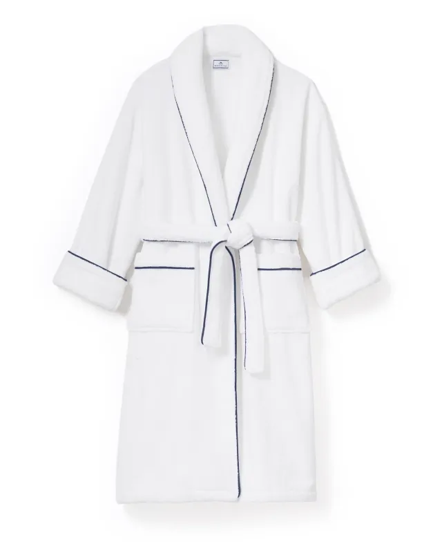 Unisex Luxe Terry Robe in White with Navy Piping sold by Petite Plume