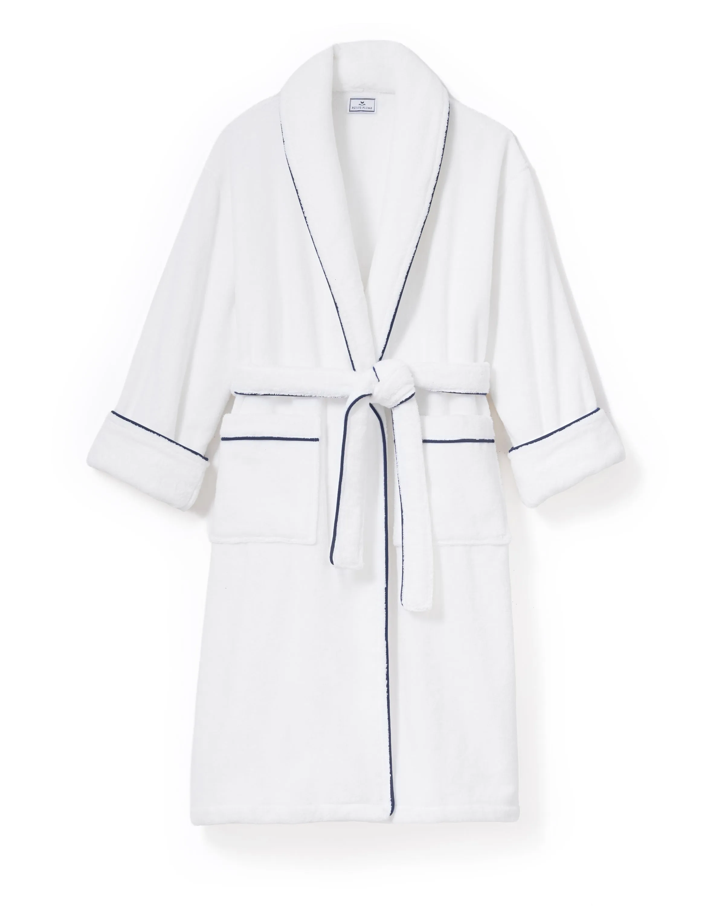 Unisex Luxe Terry Robe in White with Navy Piping sold by Petite Plume