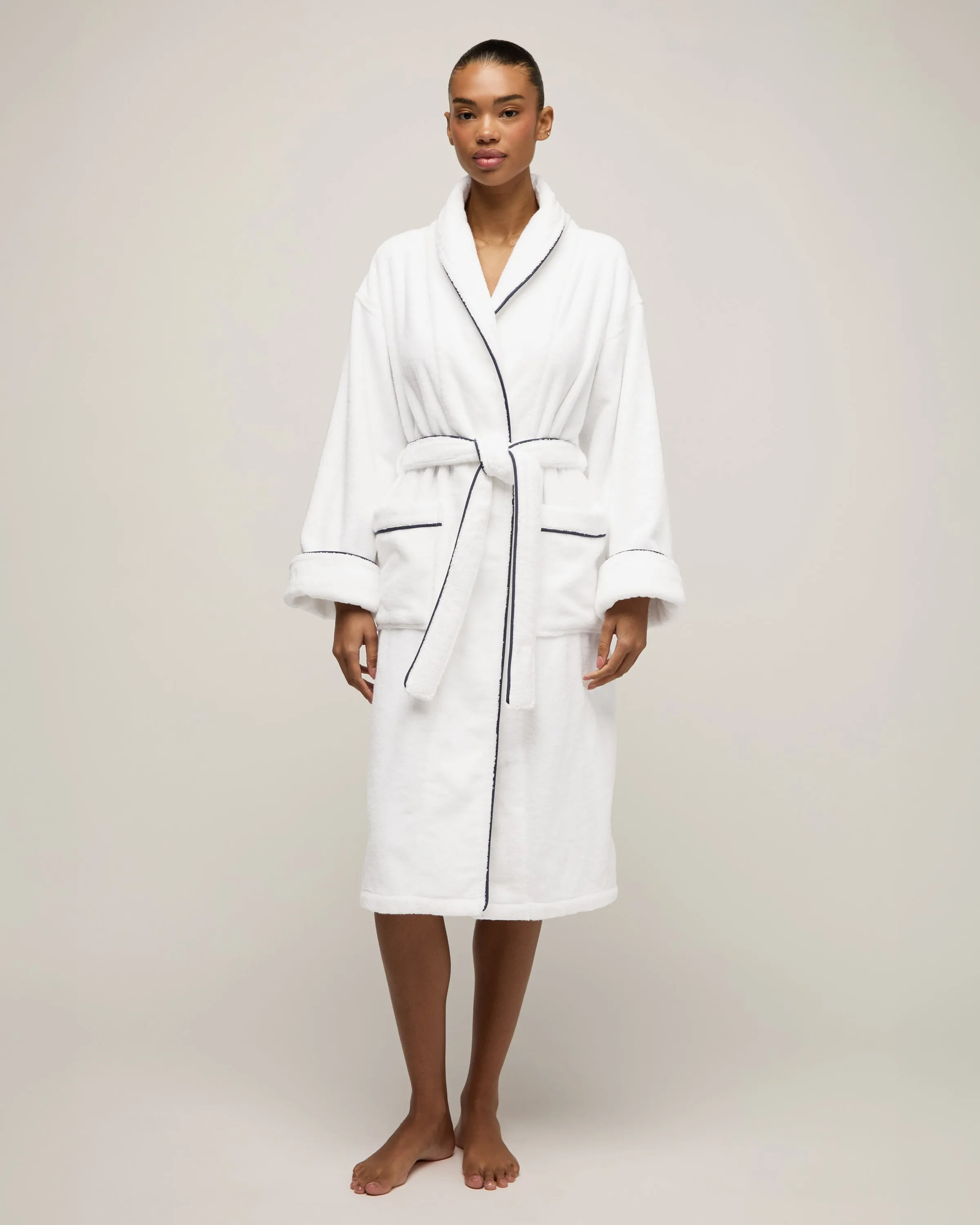 Unisex Luxe Terry Robe in White with Navy Piping sold by Petite Plume product image thumbnail 2