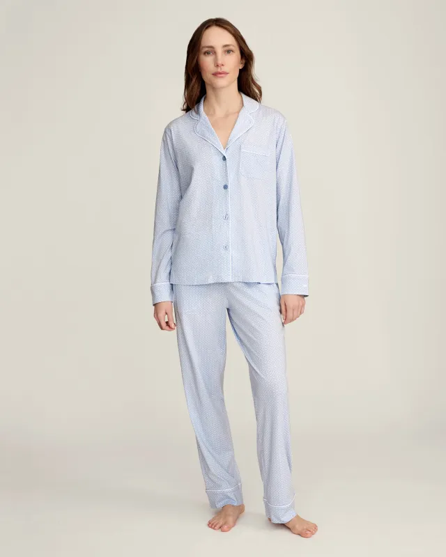 Women's Lightweight Pima Pajama Set in Periwinkle Geo made by Petite Plume