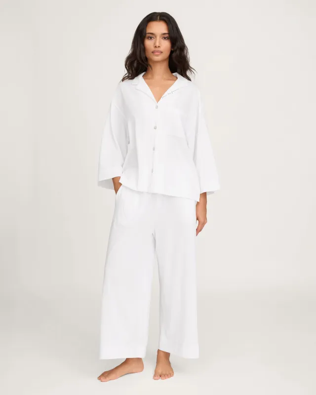 The Olivia Wide Leg Pima Pajama Set With "Pour Les Femmes" Embroidery made by Petite Plume