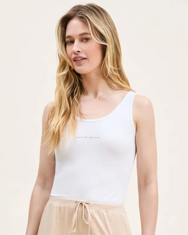 Women's Pima Scoop Tank With "Pour Les Femmes" Embroidery in White made by Petite Plume