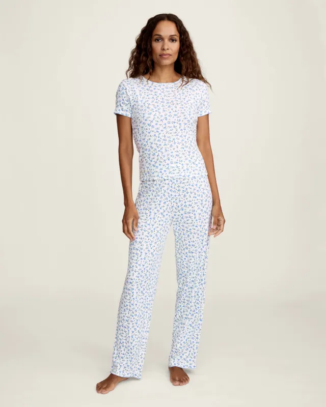 Women's Pointelle Pant in Blue Floral made by Petite Plume