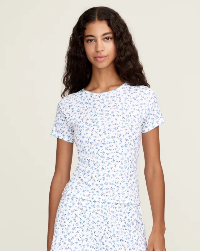 Women's Pointelle T-Shirt in Blue Floral made by Petite Plume