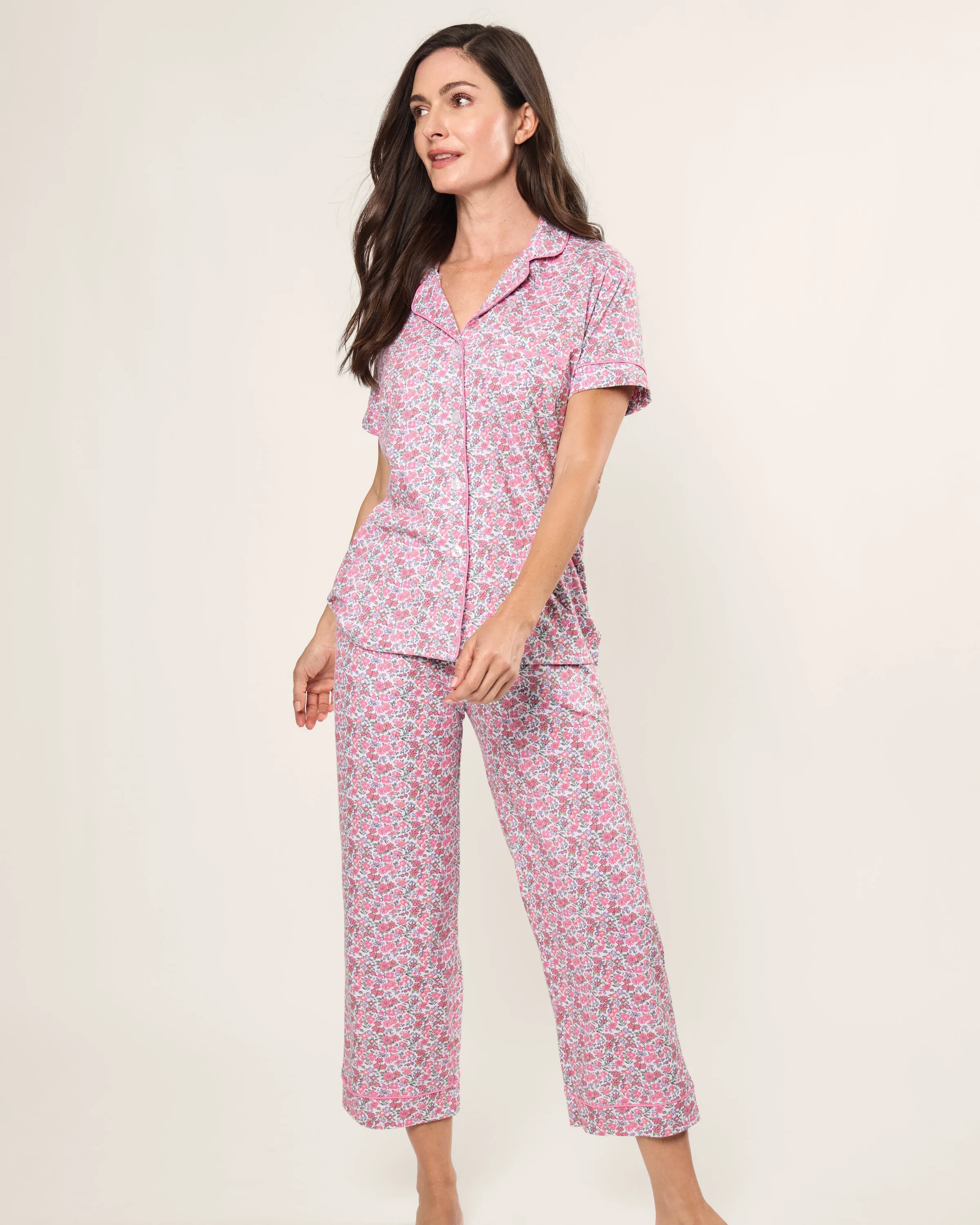Women's Pima Cropped Pajama Set in Fleurs de Rose sold by Petite Plume product image thumbnail 2