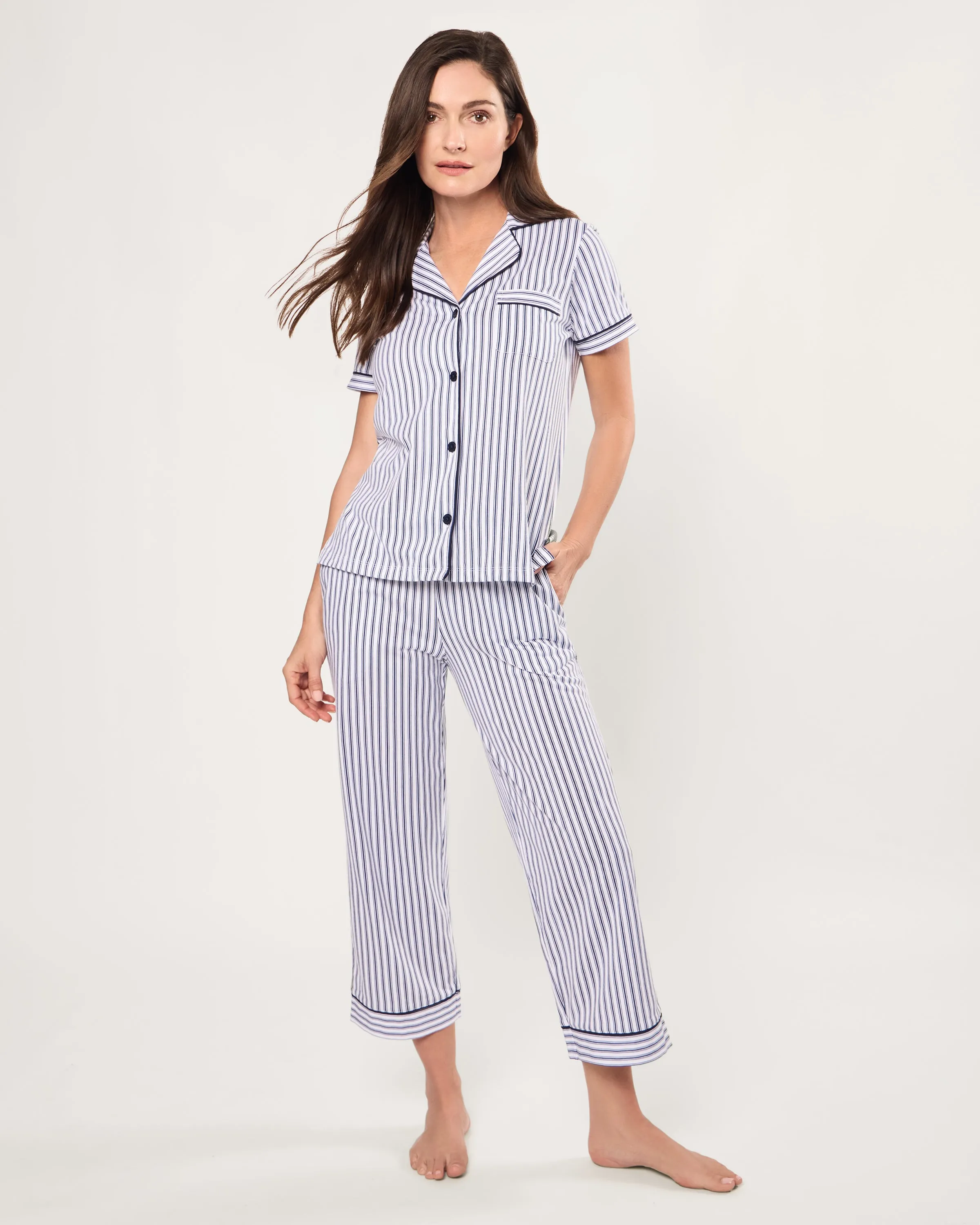 Women's Pima Cropped Pajama Set in Navy French Ticking sold by Petite Plume
