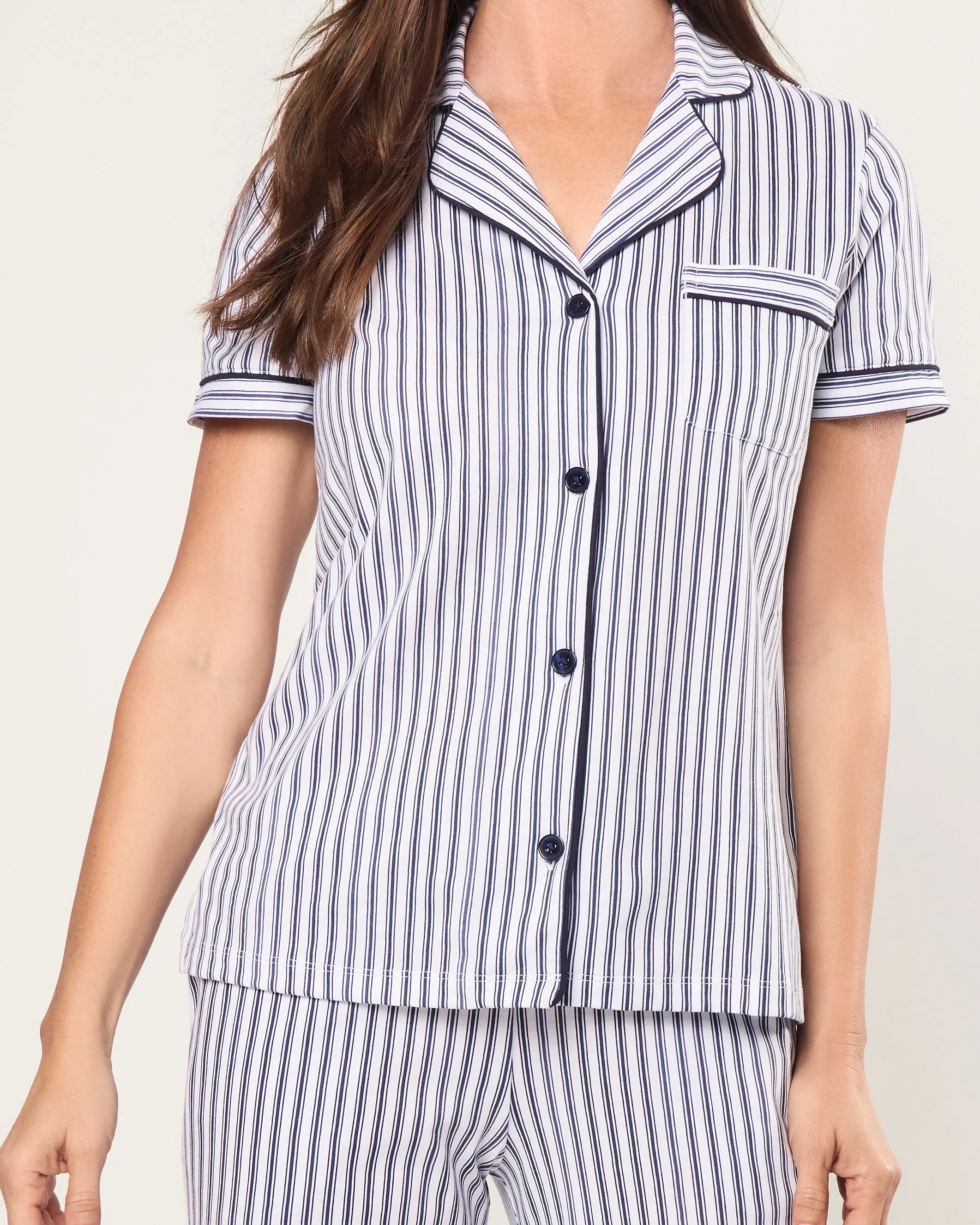 Women's Pima Cropped Pajama Set in Navy French Ticking sold by Petite Plume product image thumbnail 4