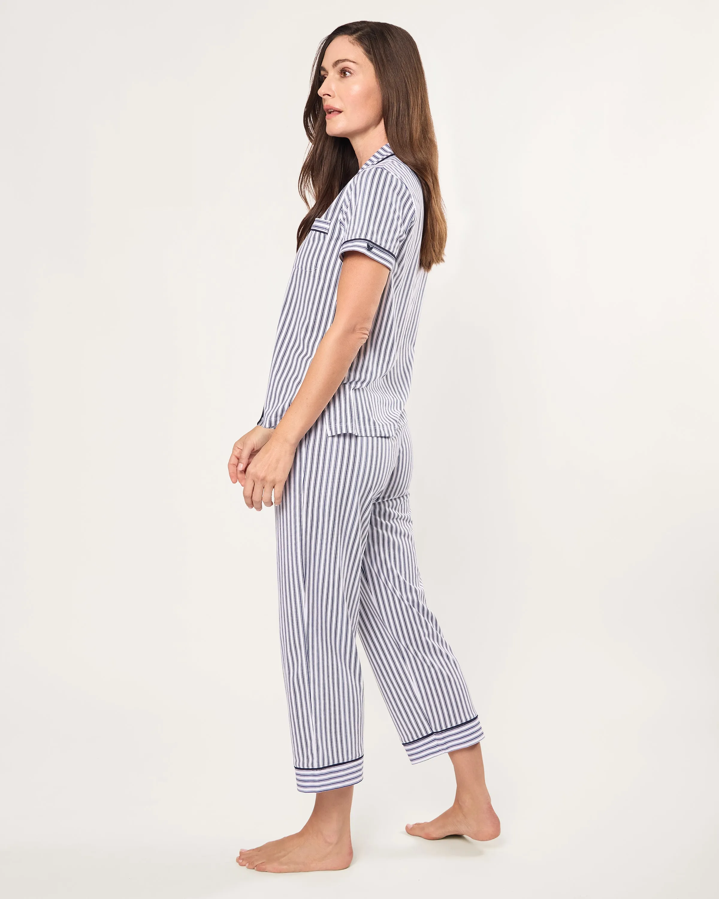 Women's Pima Cropped Pajama Set in Navy French Ticking sold by Petite Plume product image thumbnail 2