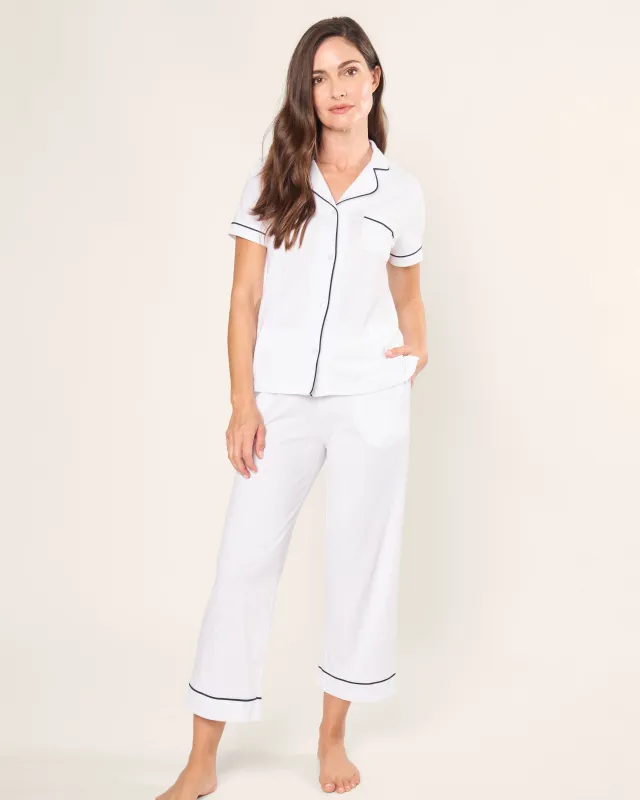 Women's Pima Cropped Pajama Set in White with Navy Piping made by Petite Plume