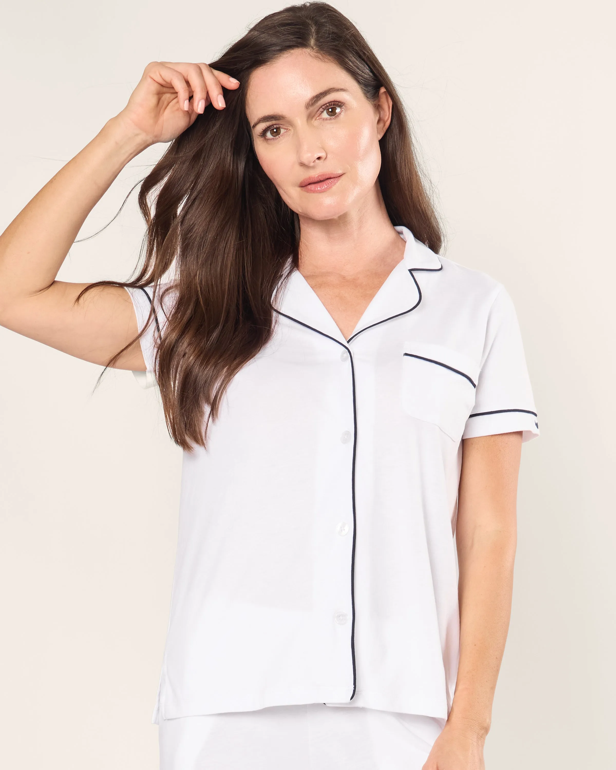 Women's Pima Cropped Pajama Set in White with Navy Piping sold by Petite Plume product image thumbnail 4