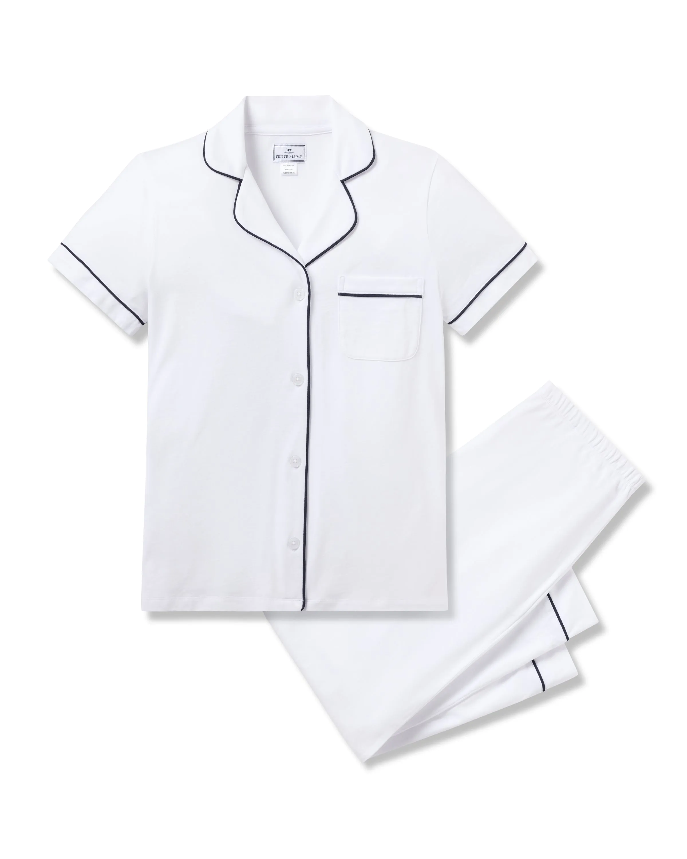 Women's Pima Cropped Pajama Set in White with Navy Piping sold by Petite Plume product image thumbnail 5