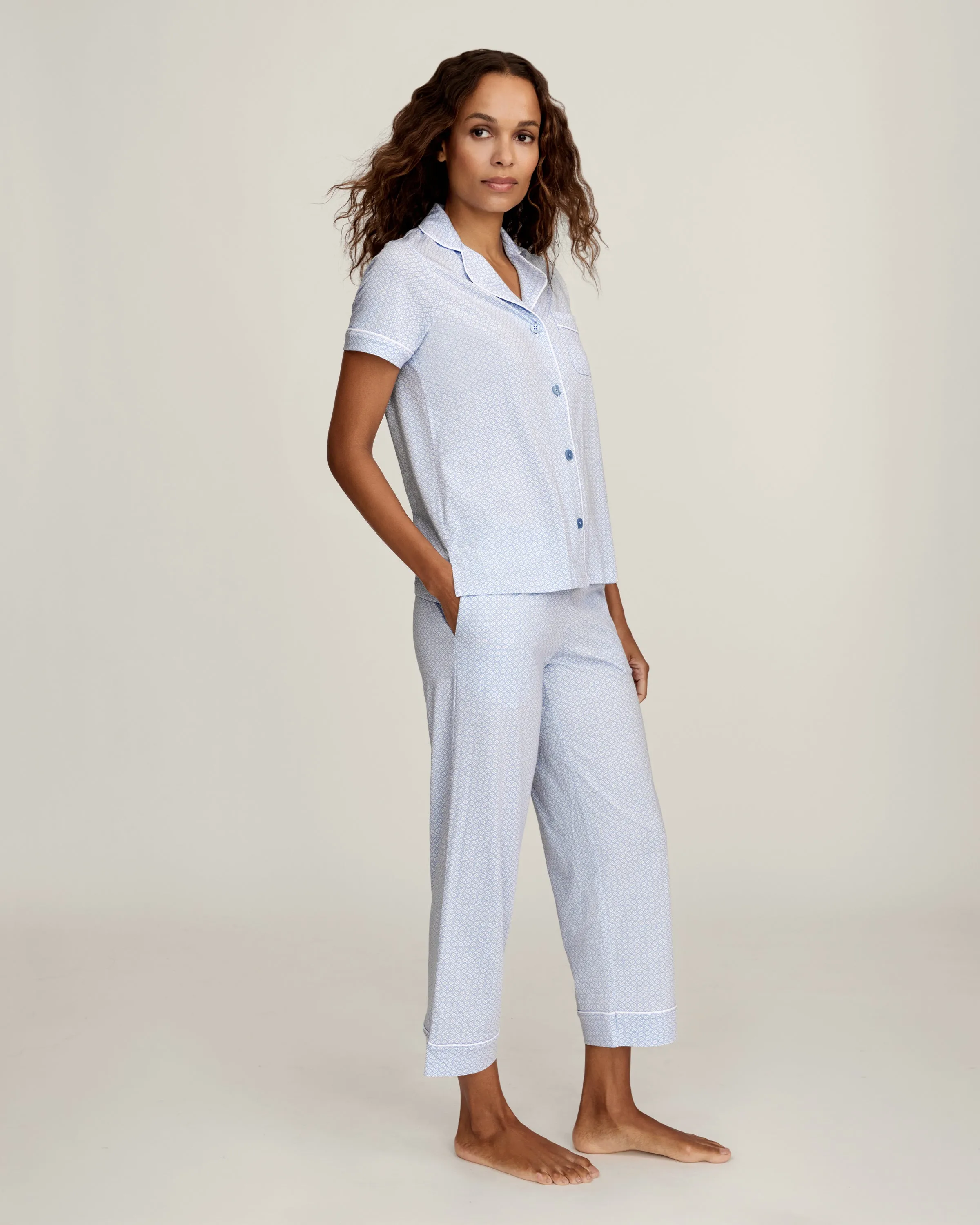 Women's Lightweight Pima Cropped Pajama Set in Periwinkle Geo sold by Petite Plume product image thumbnail 3