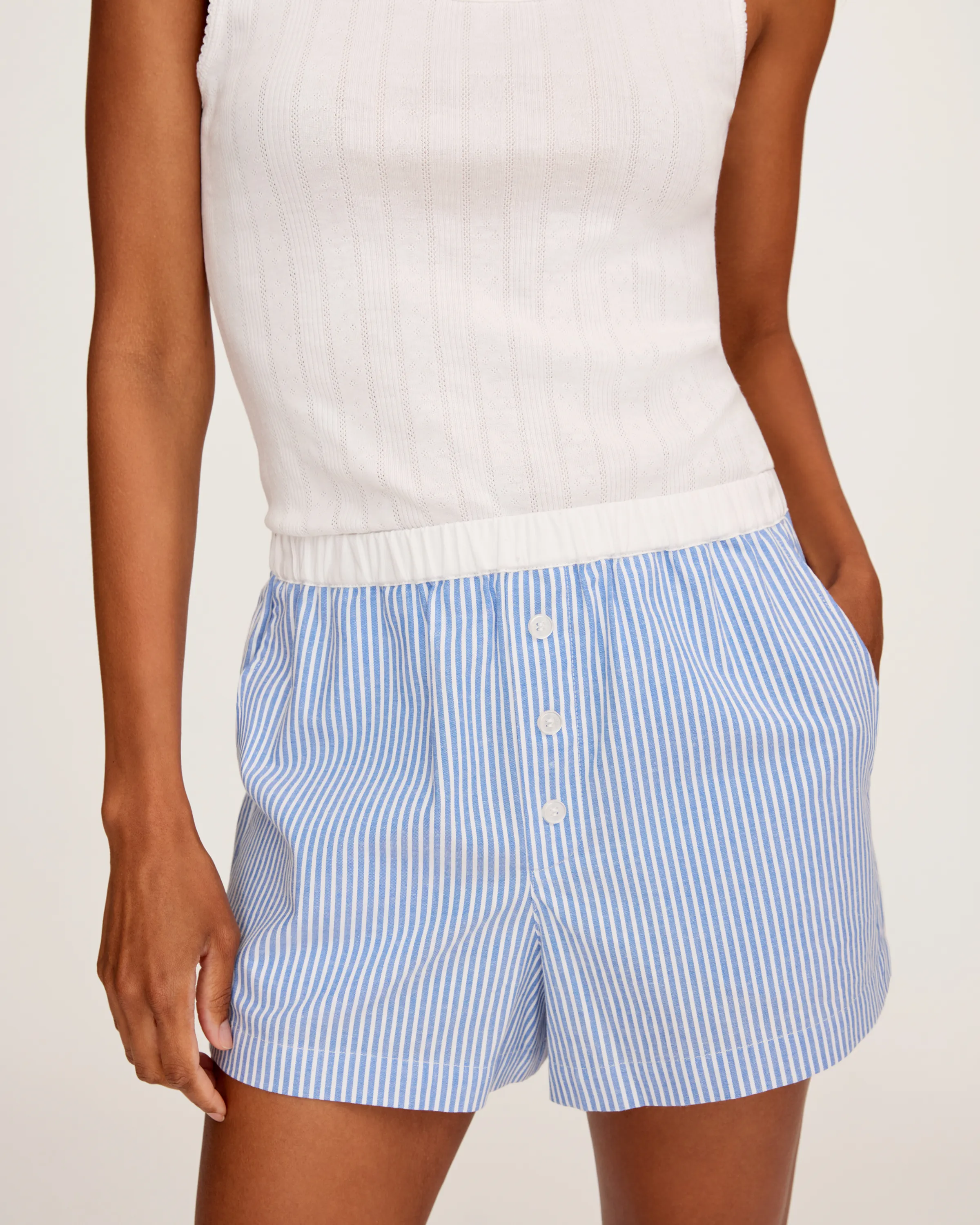 Women's Twill Sleep Short in French Blue Heritage Stripe sold by Petite Plume product image thumbnail 2